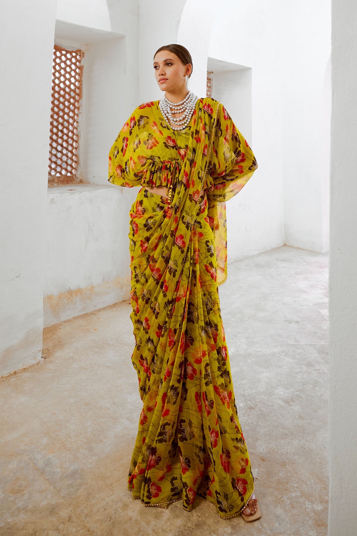 Bumblebee Green Saree With Boho Frill Blouse