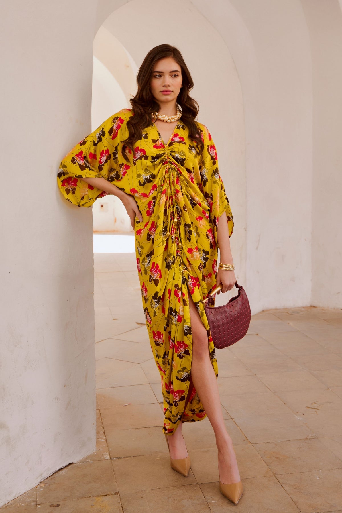 Drawstring Poppy Kaftan Dress