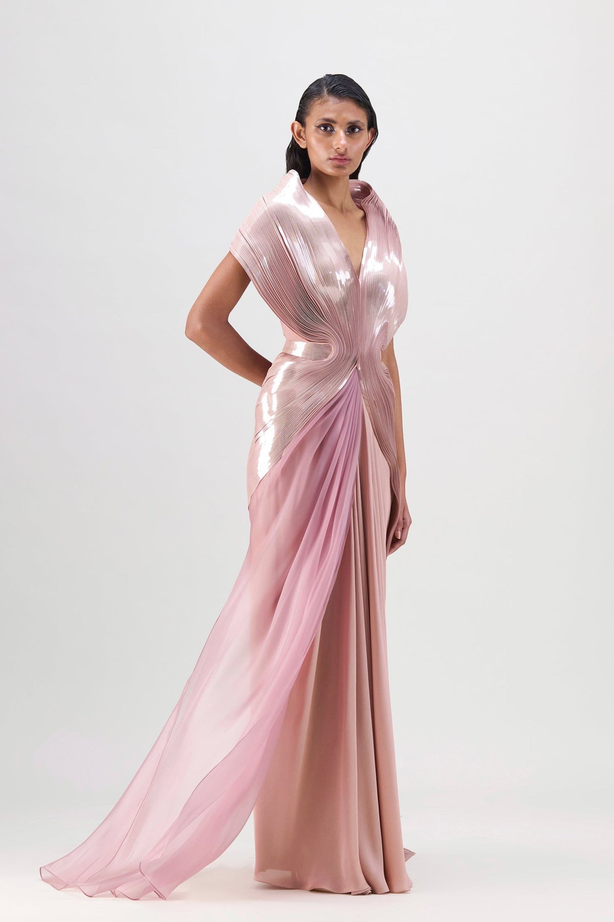 Metallic Rose Micro Pleated Gown