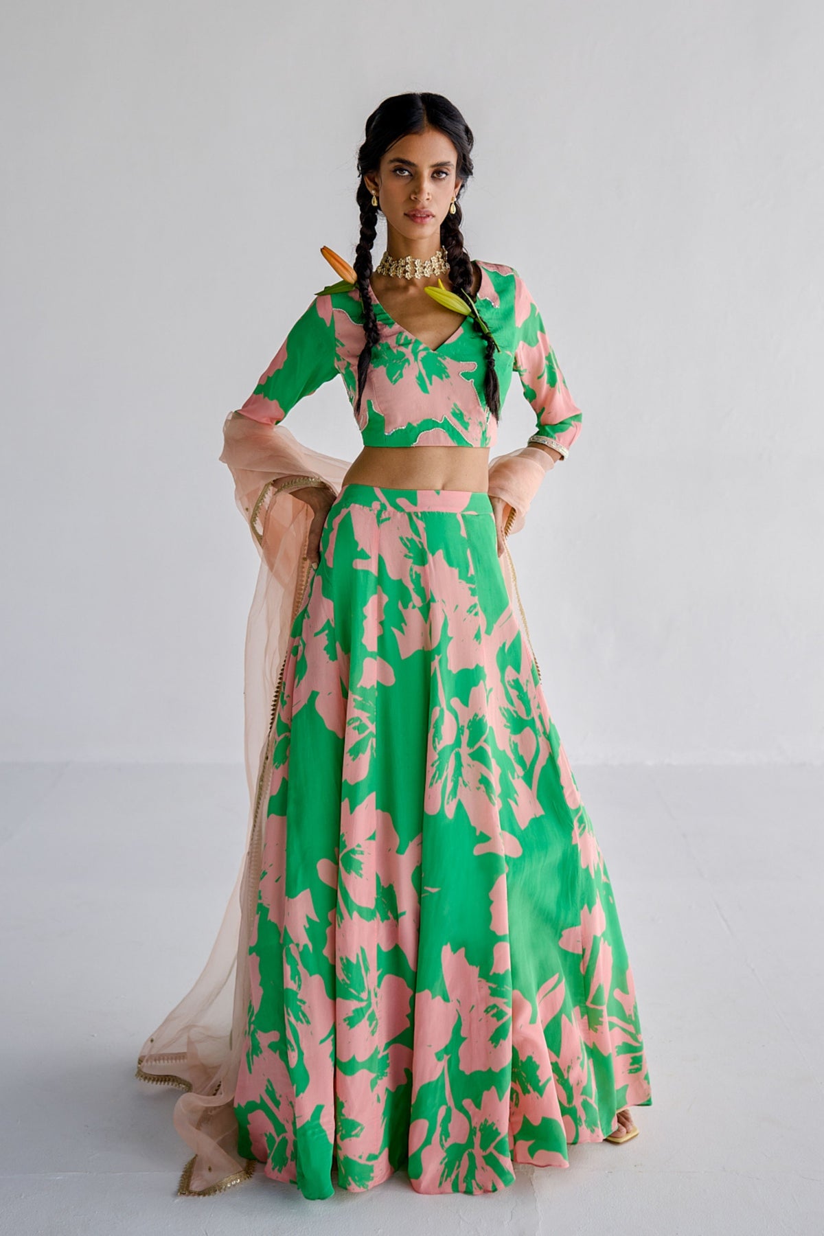 Green Print Lehenga With Blouse