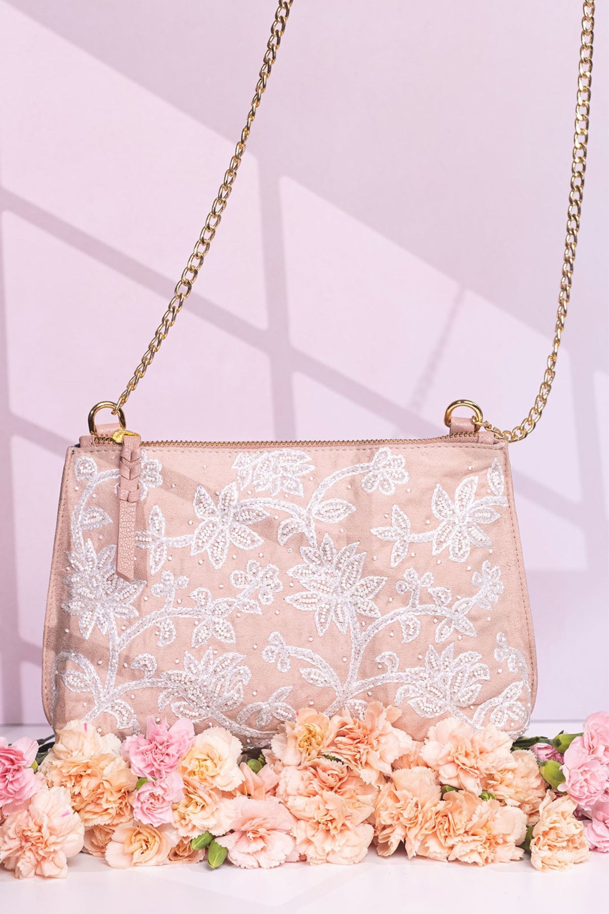 Carnation embroidered peach shoulder bag