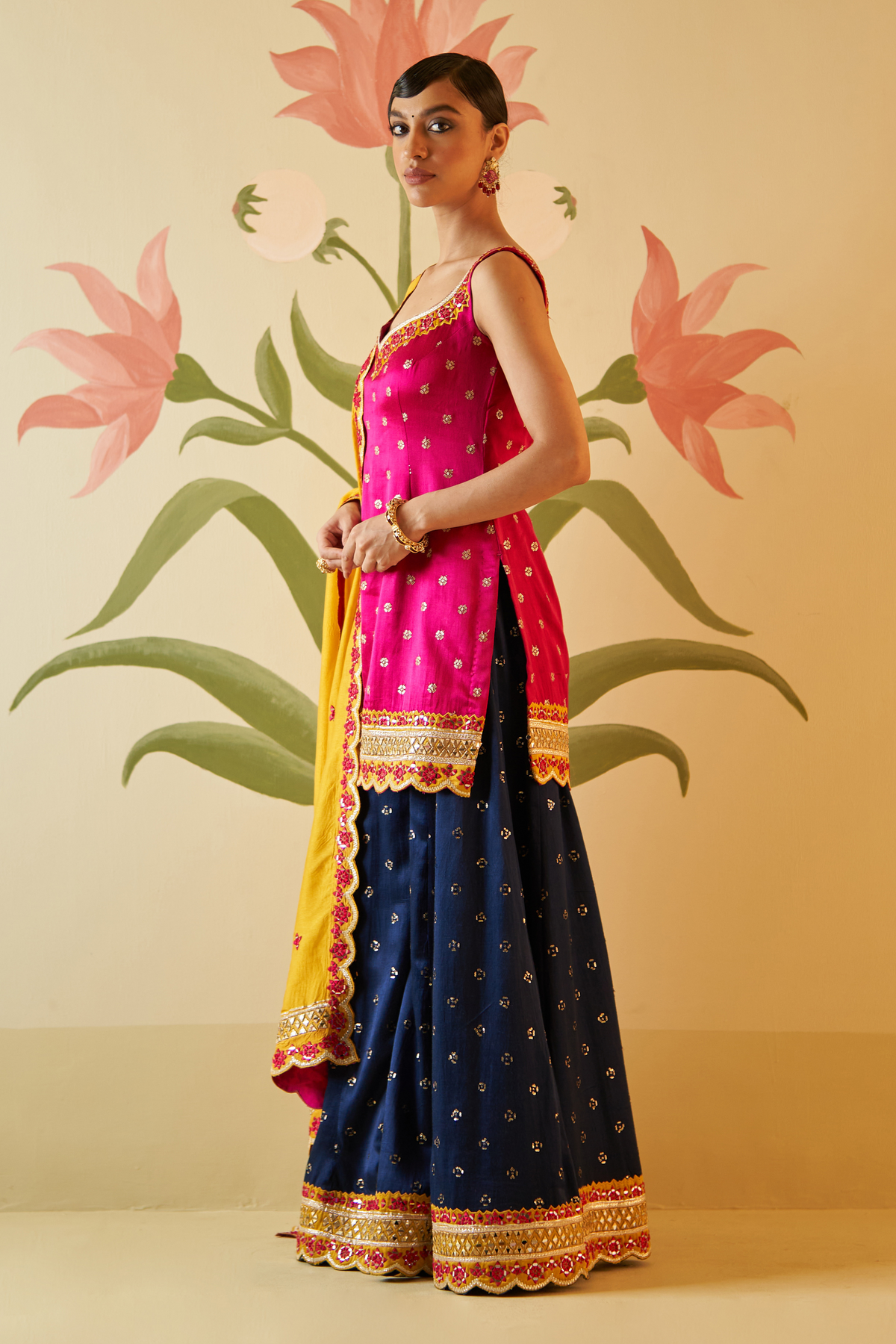 Navy Blue Satin Sharara Set