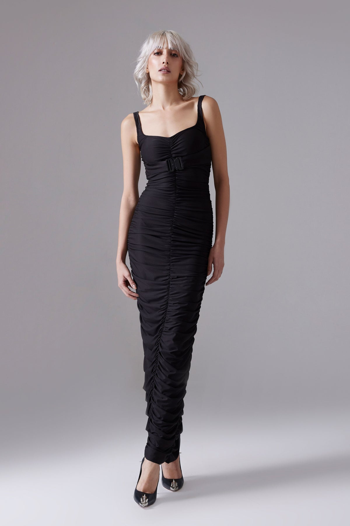 Ruched Long Dress With Metal Buckle