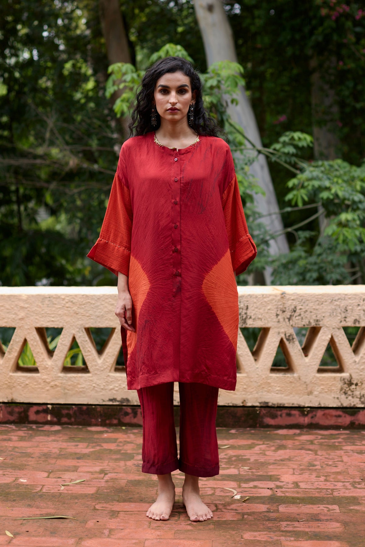 Red &amp; Orange Silk Tie-dye Tunic Set