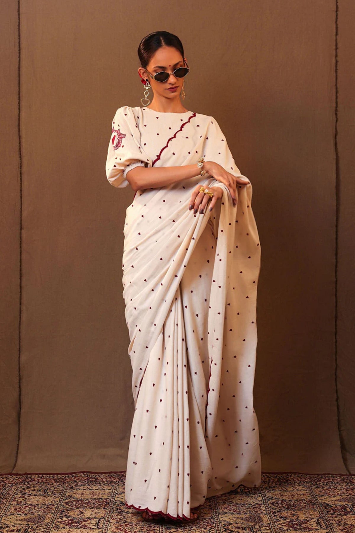 Off White Heart Embroidered Saree