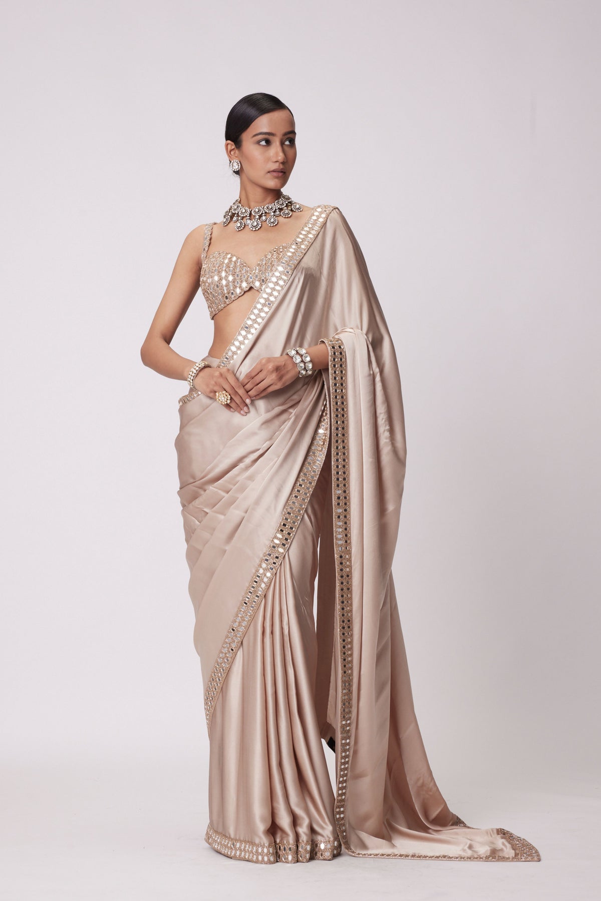 Light Beige Satin Saree Set