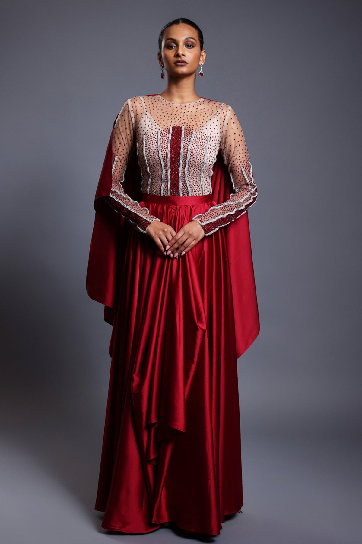 Red Cape Sleeves Gown