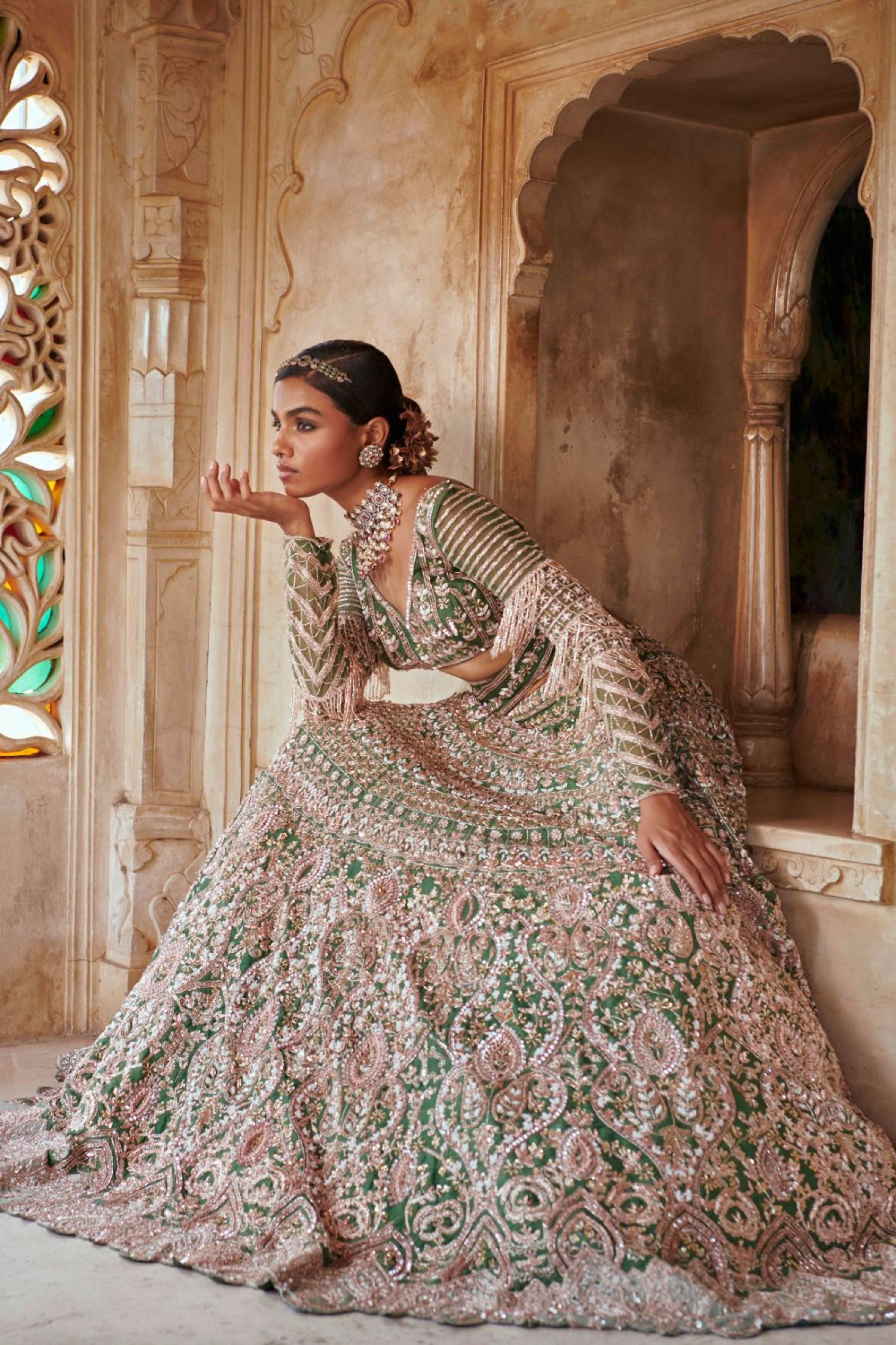 Green lehenga for bride hotsell