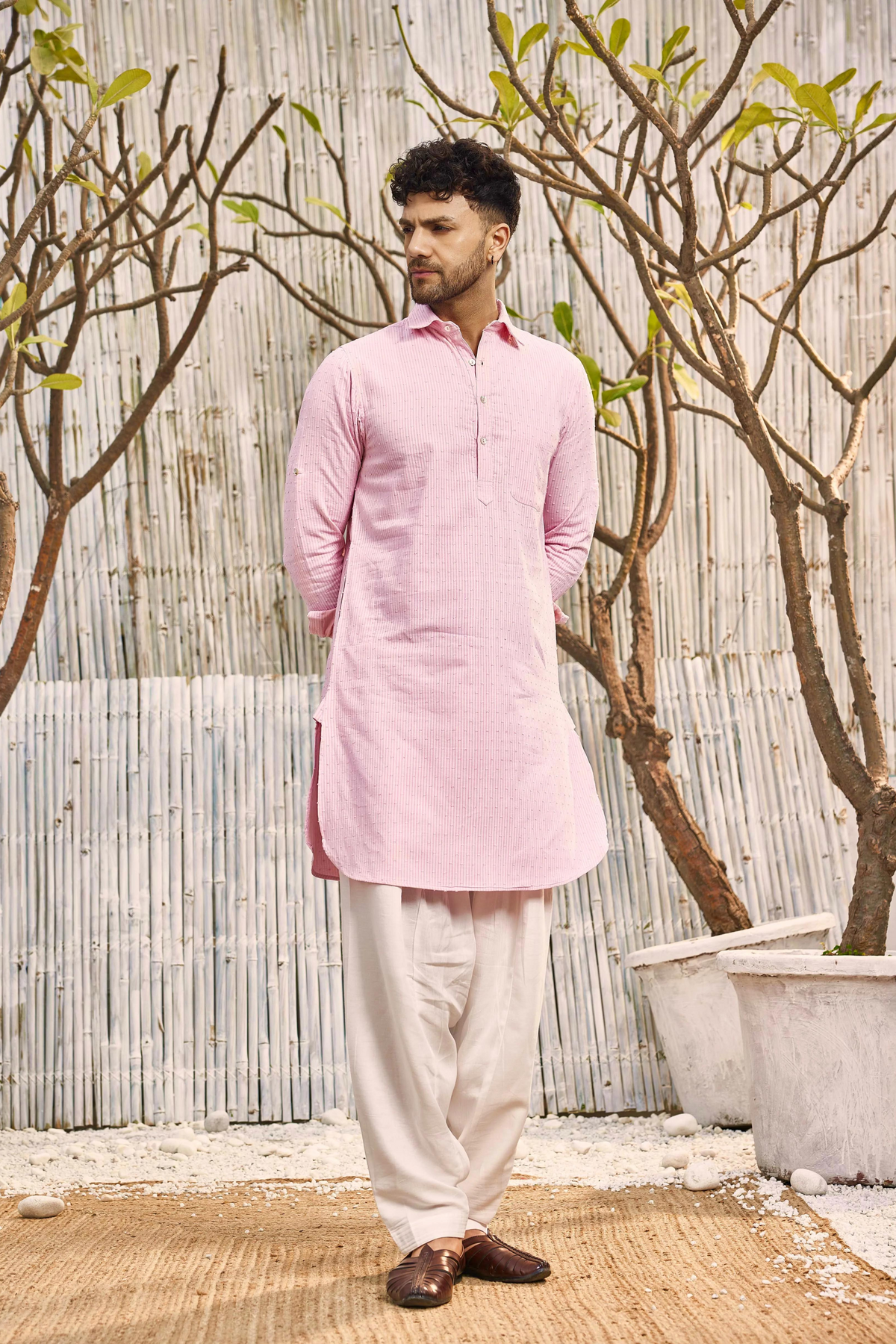 Chanderi Pink Pathani Kurta Set