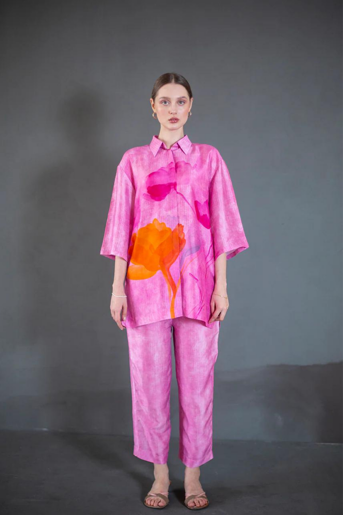 Floral Print Dupion Silk In Pink Tunics Set