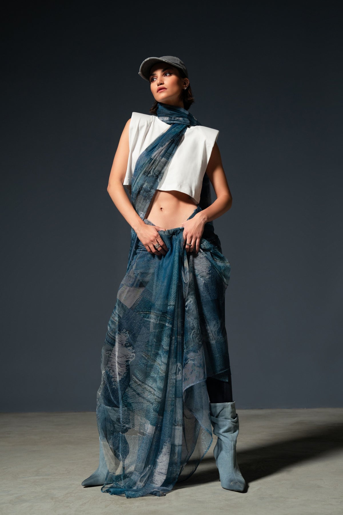 Blue Denim Print Saree