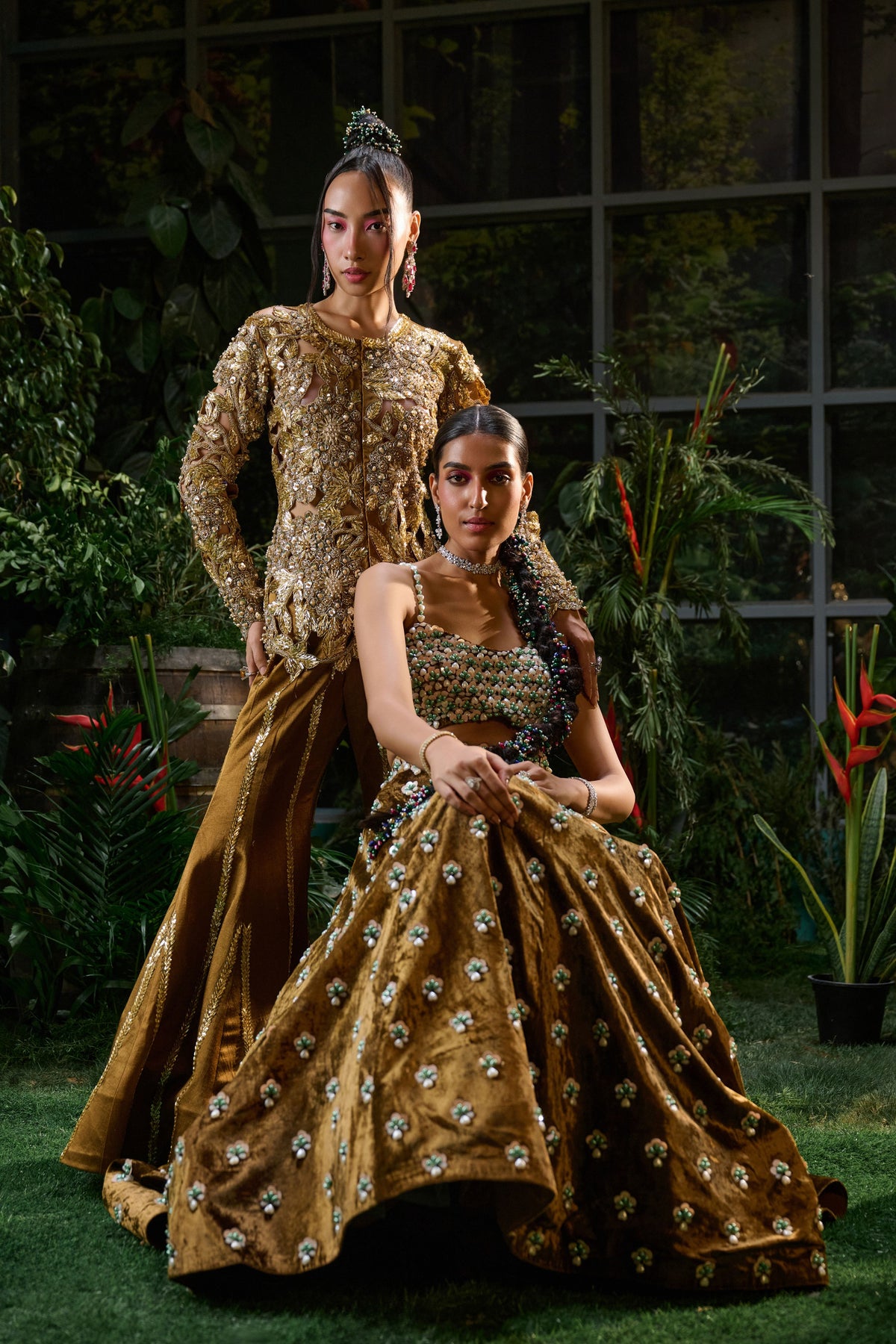 Brown Copper Embroidered Velvet Lehenga