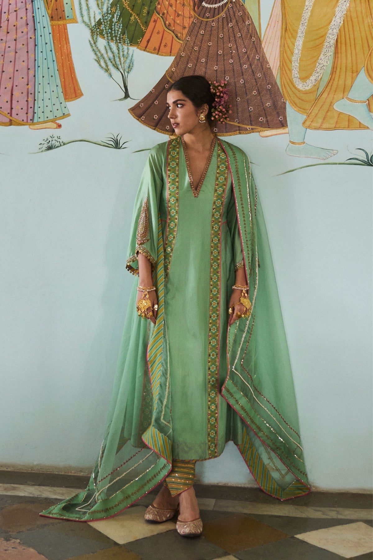 Gul Sage Green Side Kali Silk Kurta Set