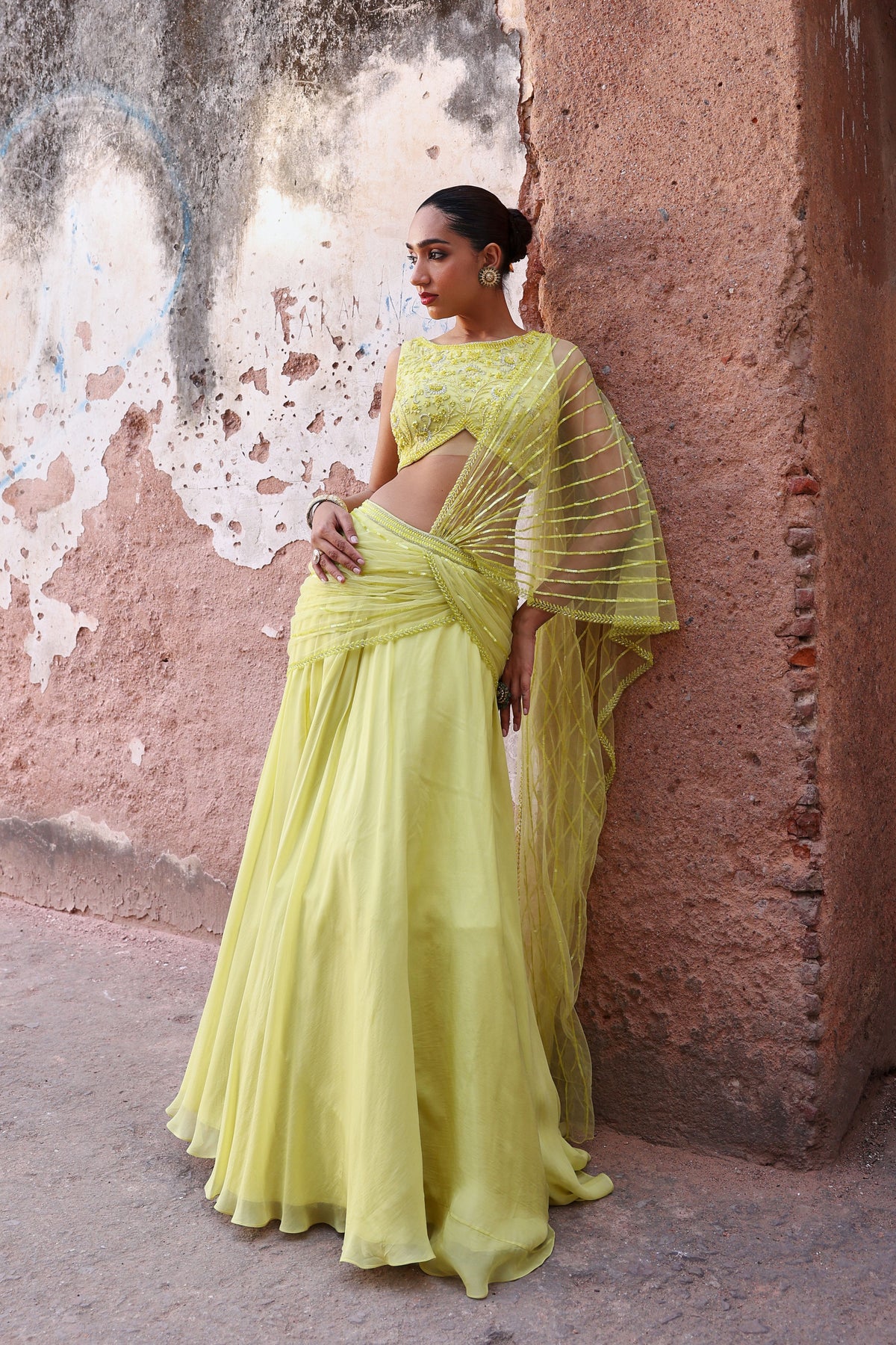 Mahi Blouse and Skirt in Neon Green