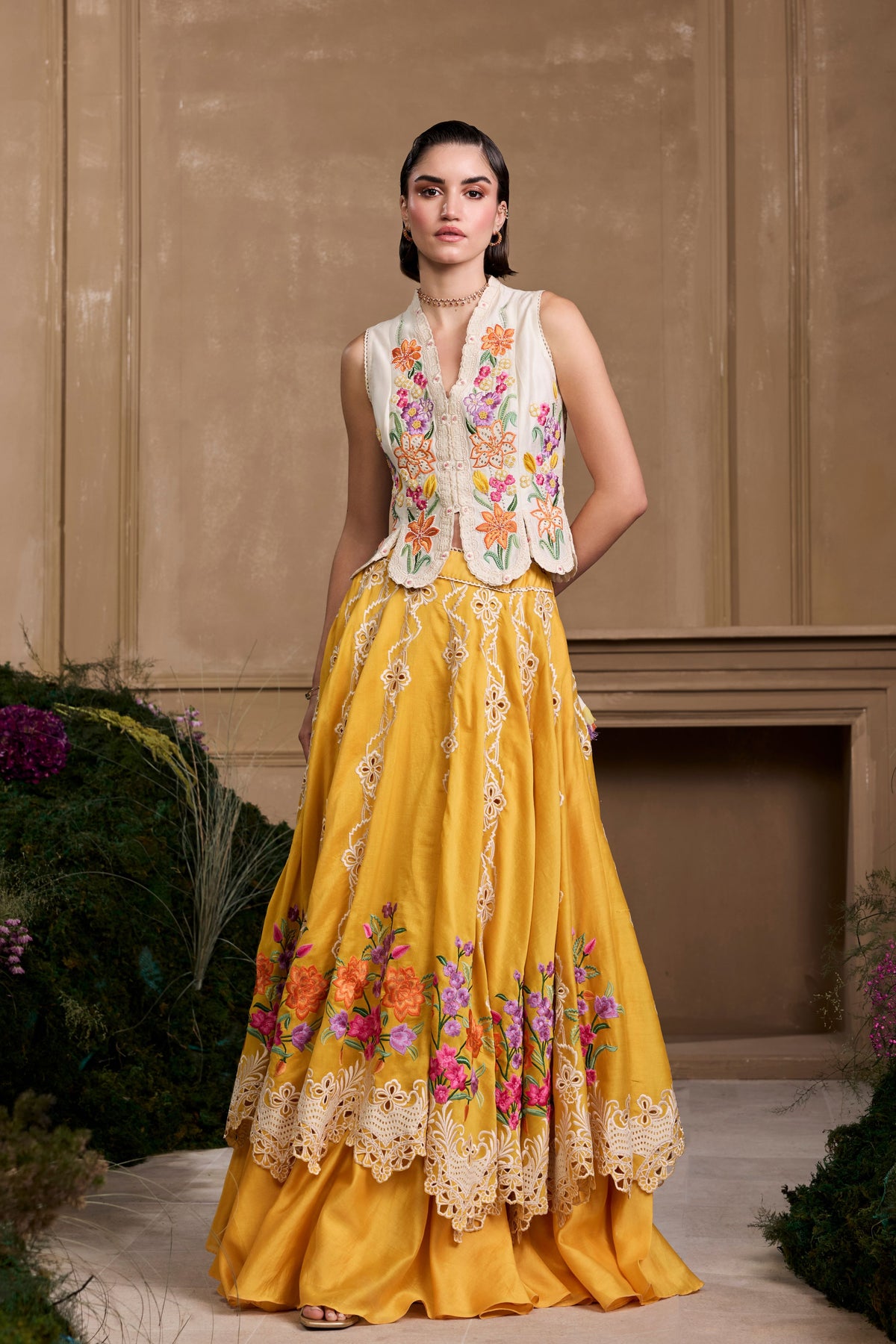 Yellow Floral Embroidered Layered Lehenga