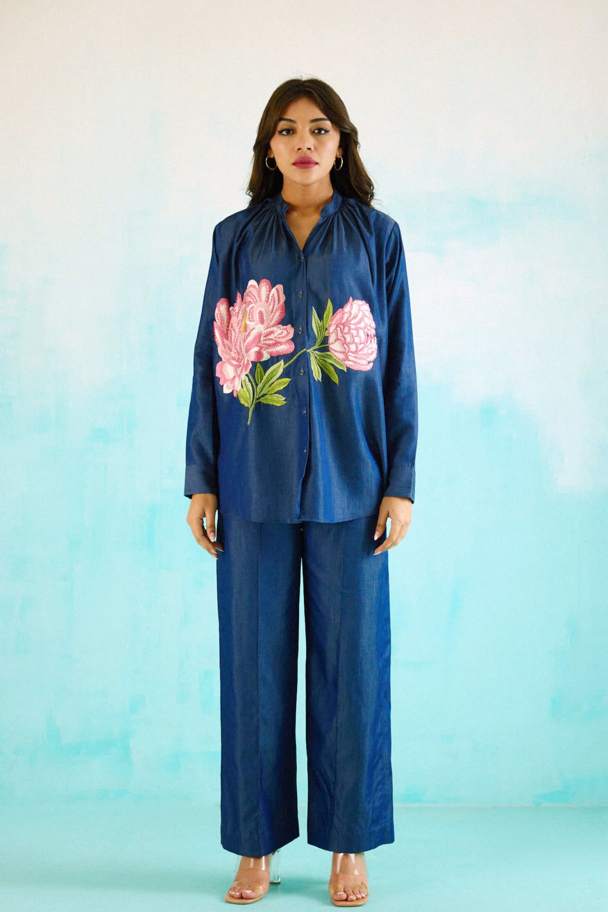 Denim Peony Gathered Embroidered Shirt