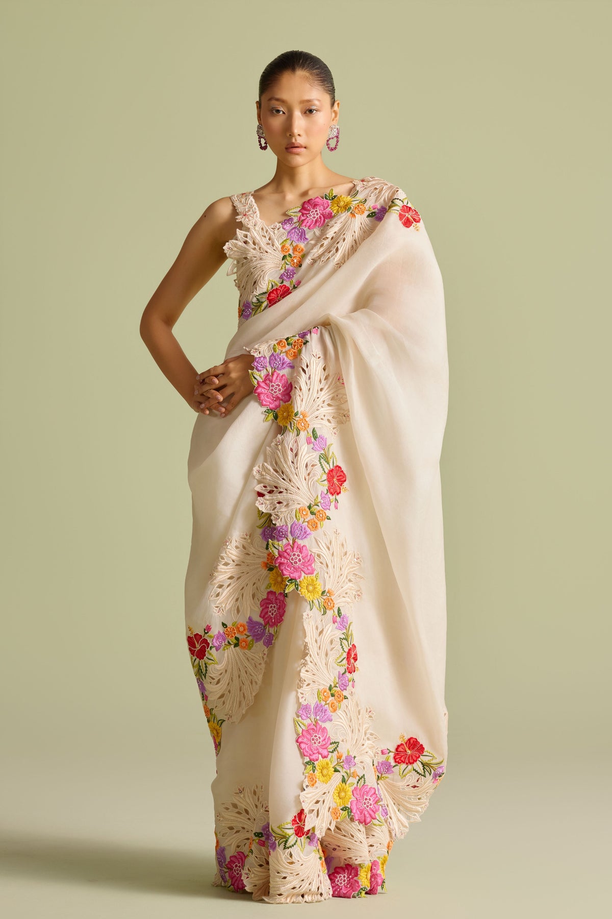 Ivory Floral Embroidered Saree