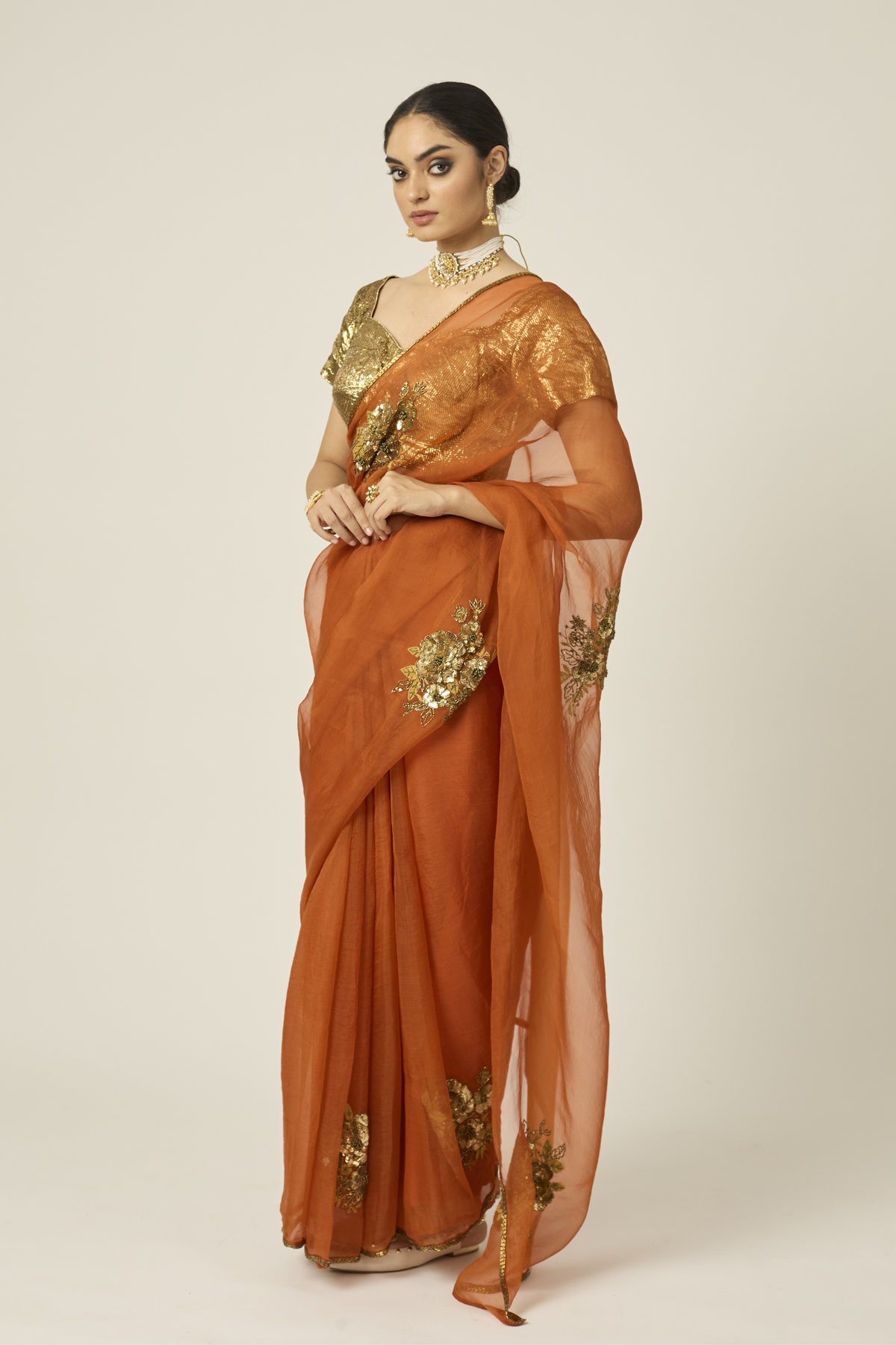 Paro Orange Silk Organza Saree