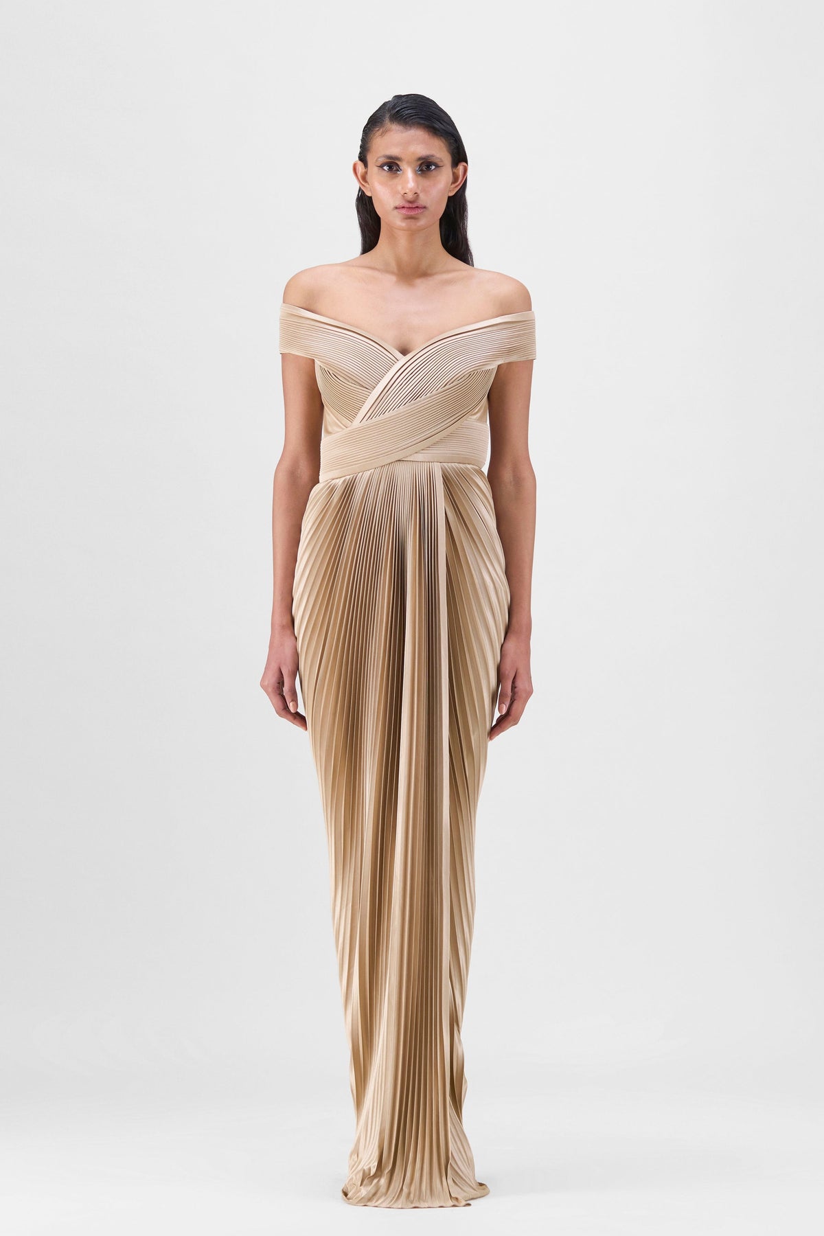 Structured Plisse Gown in Sand