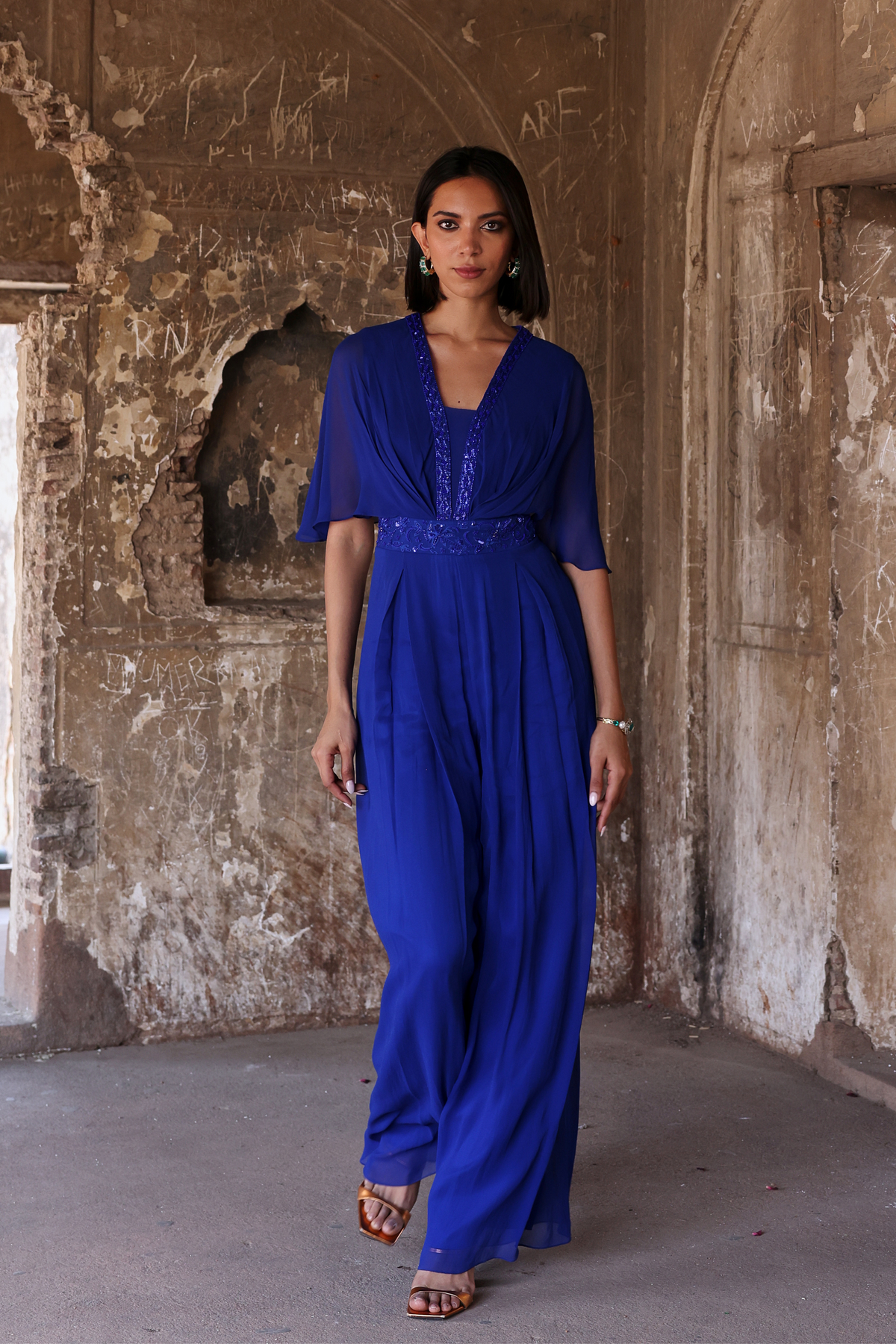 Audrey Pleated Jumpsuit in Electric Blue