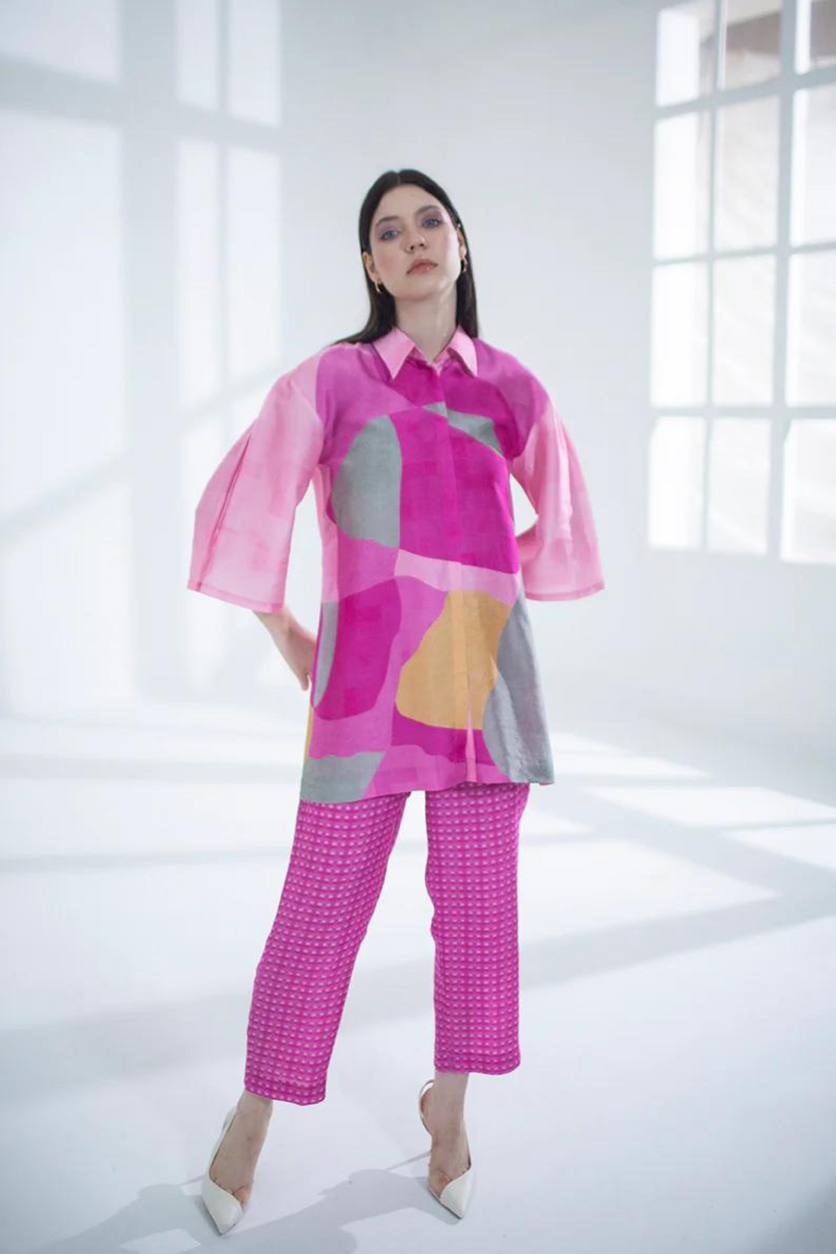 Fuchsia Abstract Geometric  Tunics Set