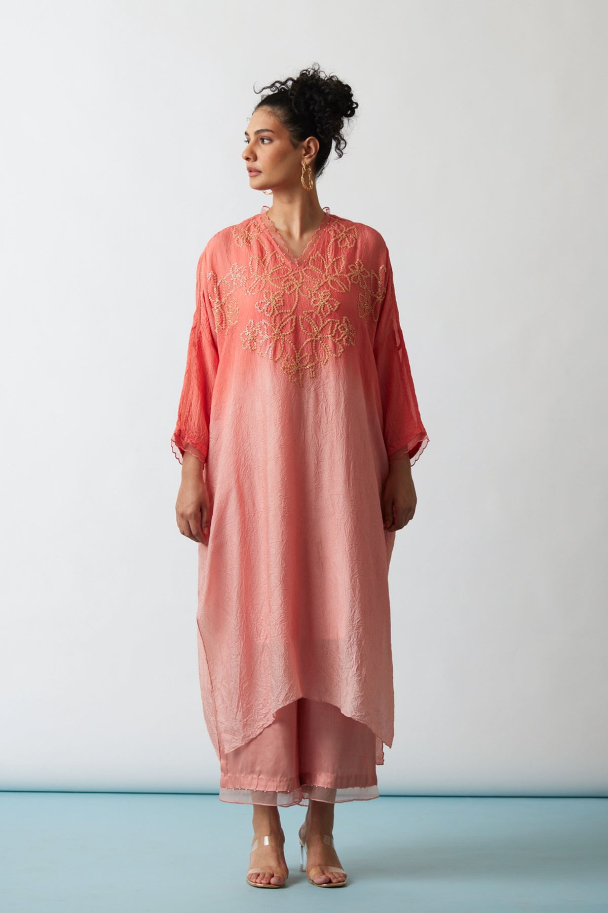 Floral Hand Embroidered Coral Kurta Set