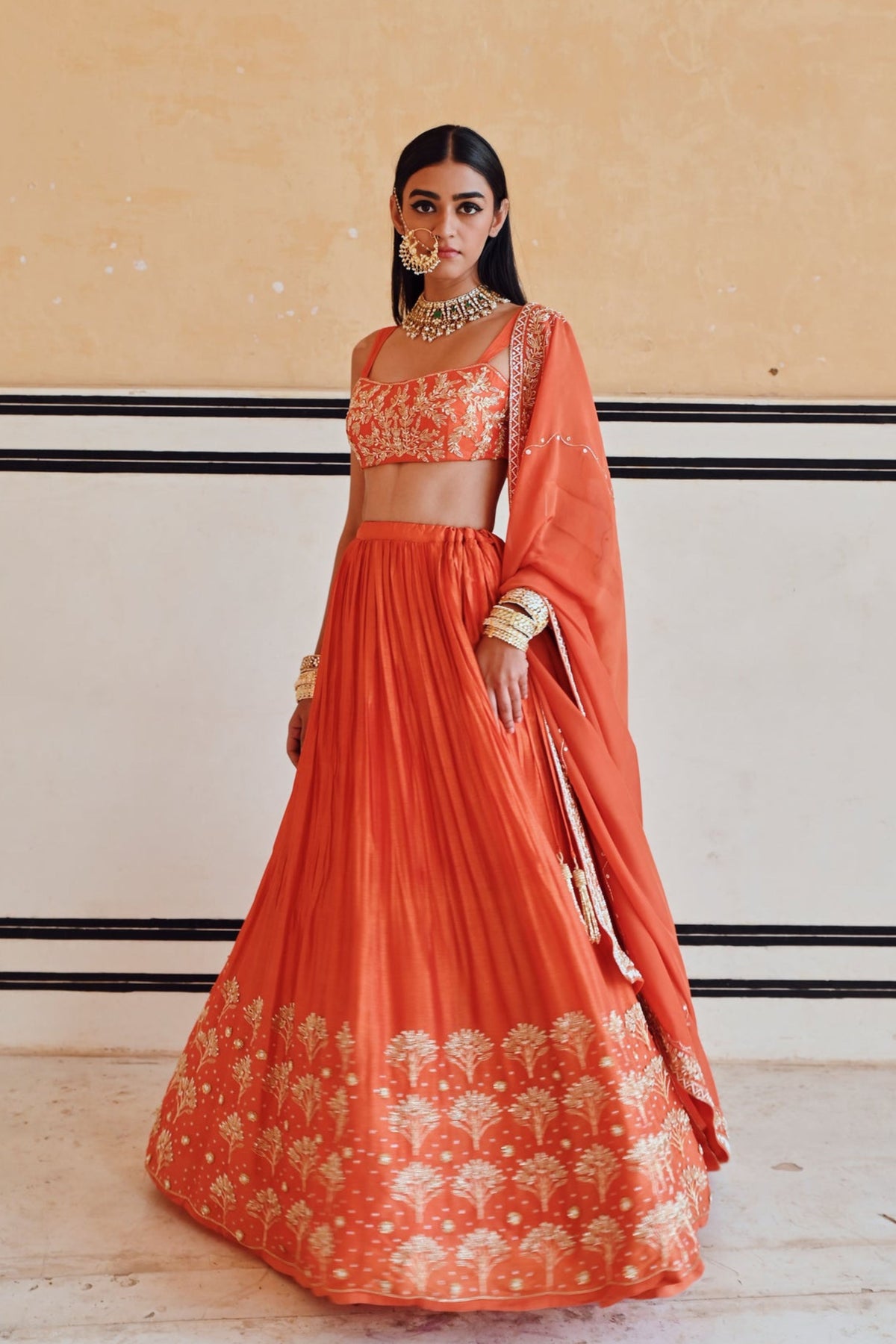 Orange Embroidered Lehenga Set