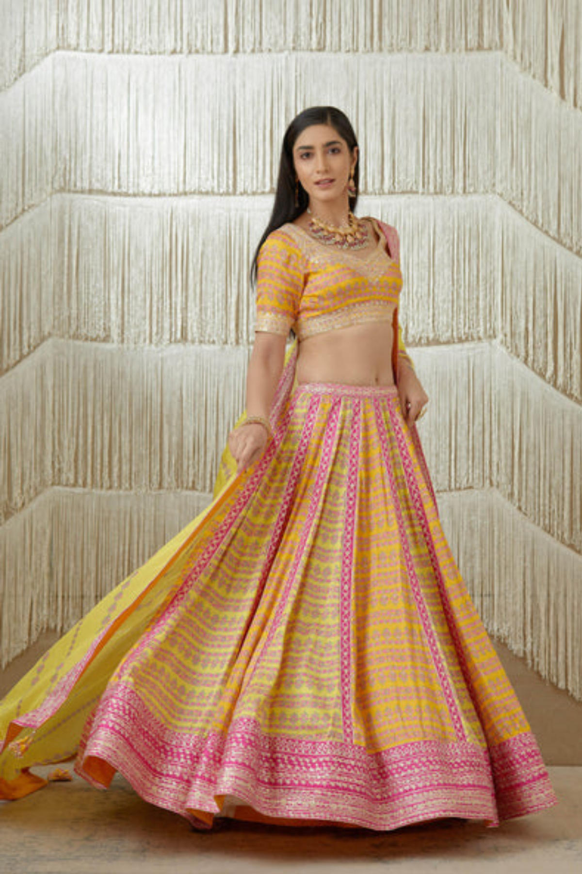 Mustard Gota embroidered printed lehenga