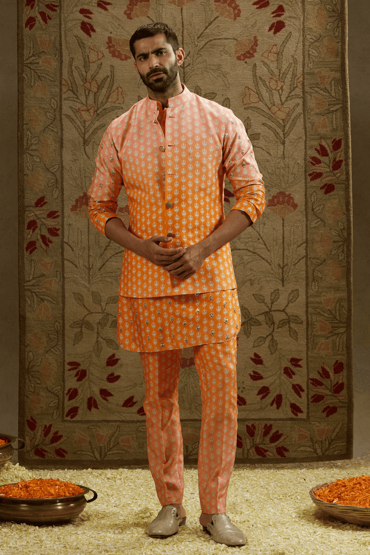 Orange Pink Ombre Printed Bundi