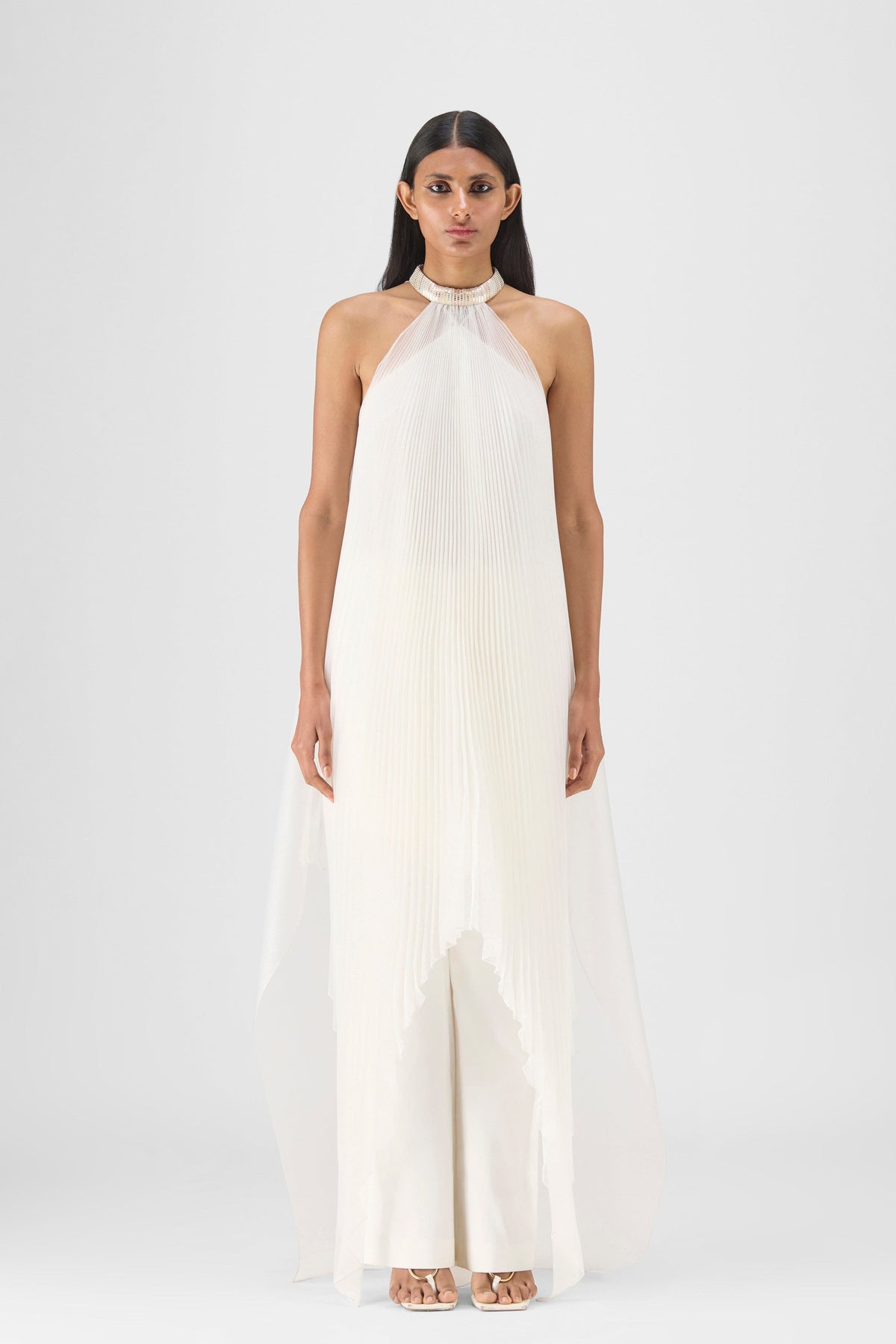 Pearl Pleated Halter Gown