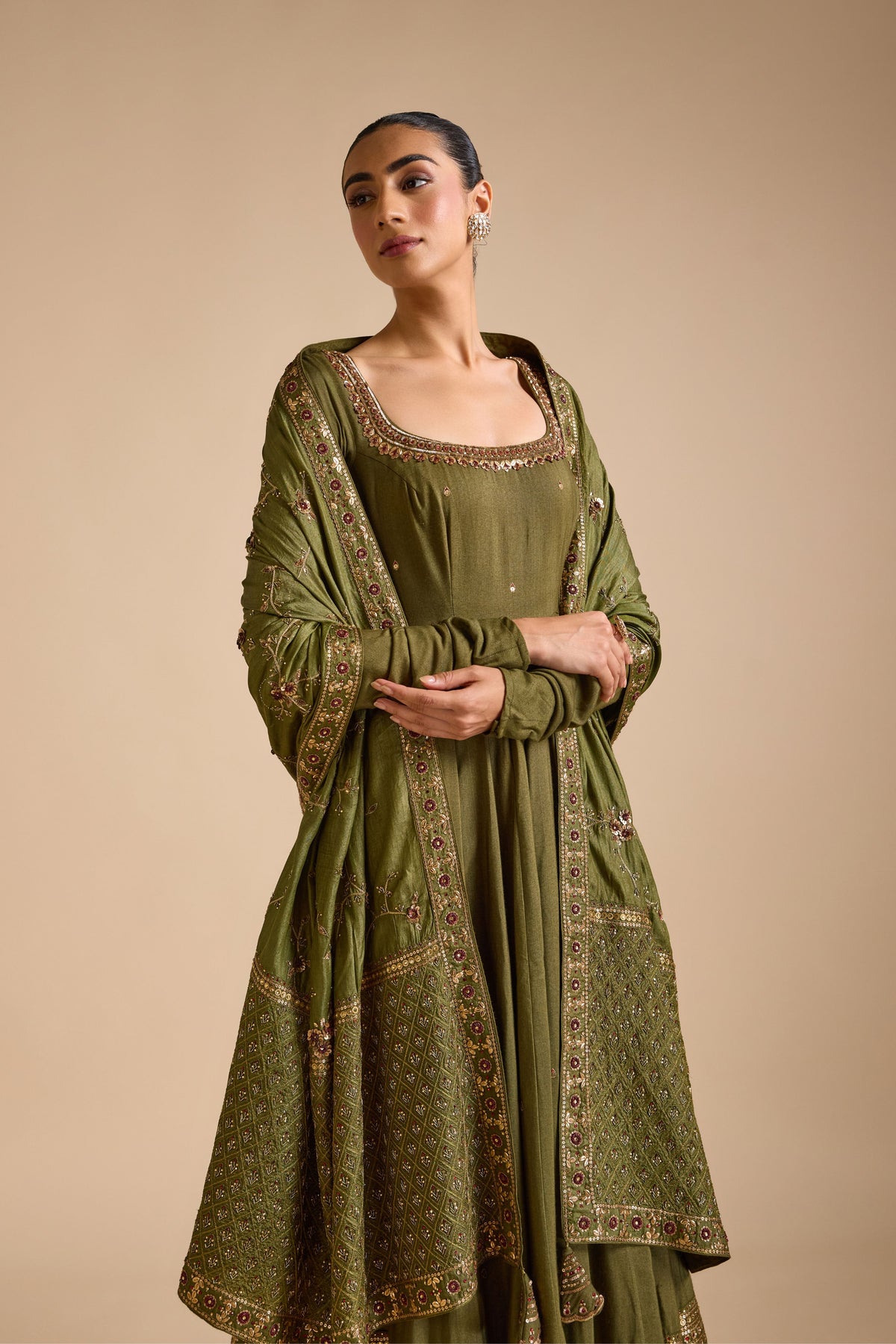 Olive Tussar Anarkali Set