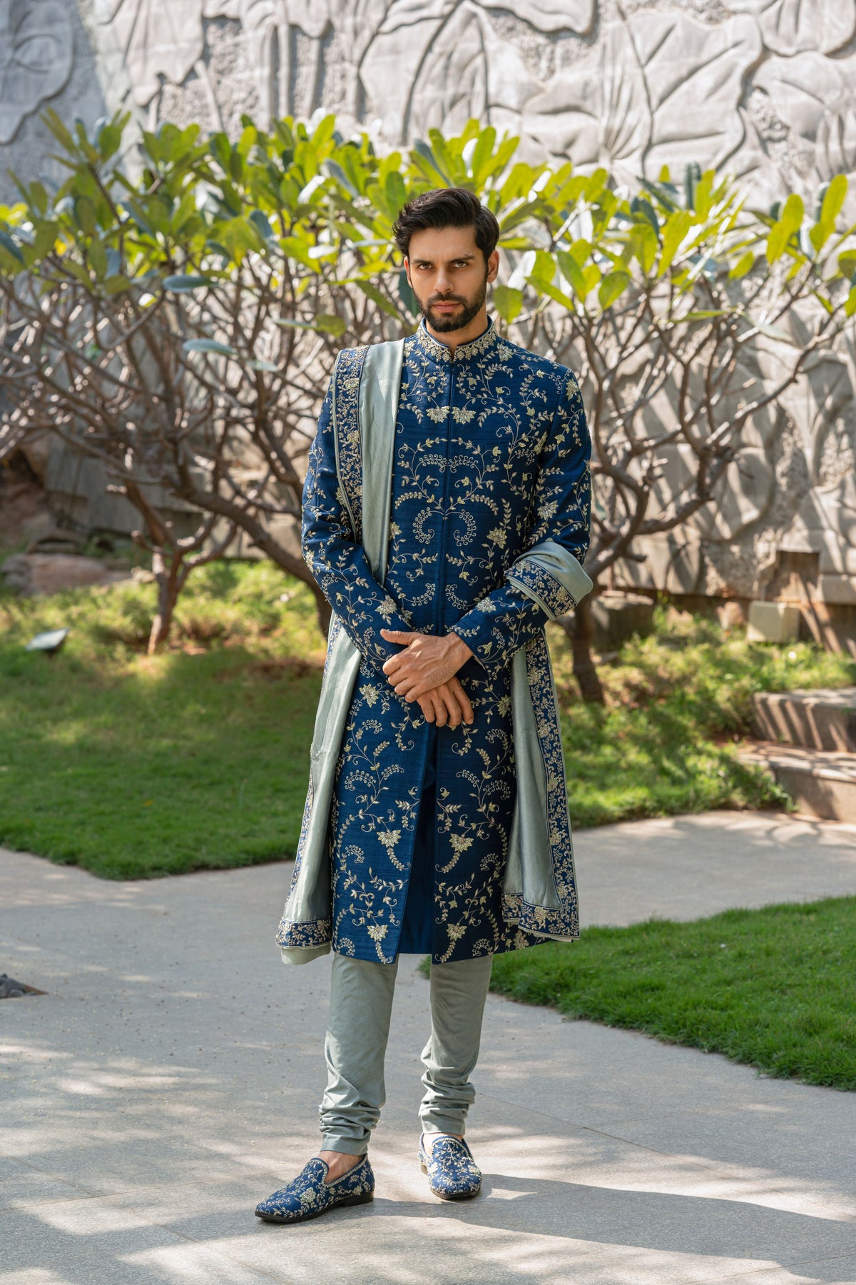 Navy Blue Embroidered Sherwani Set