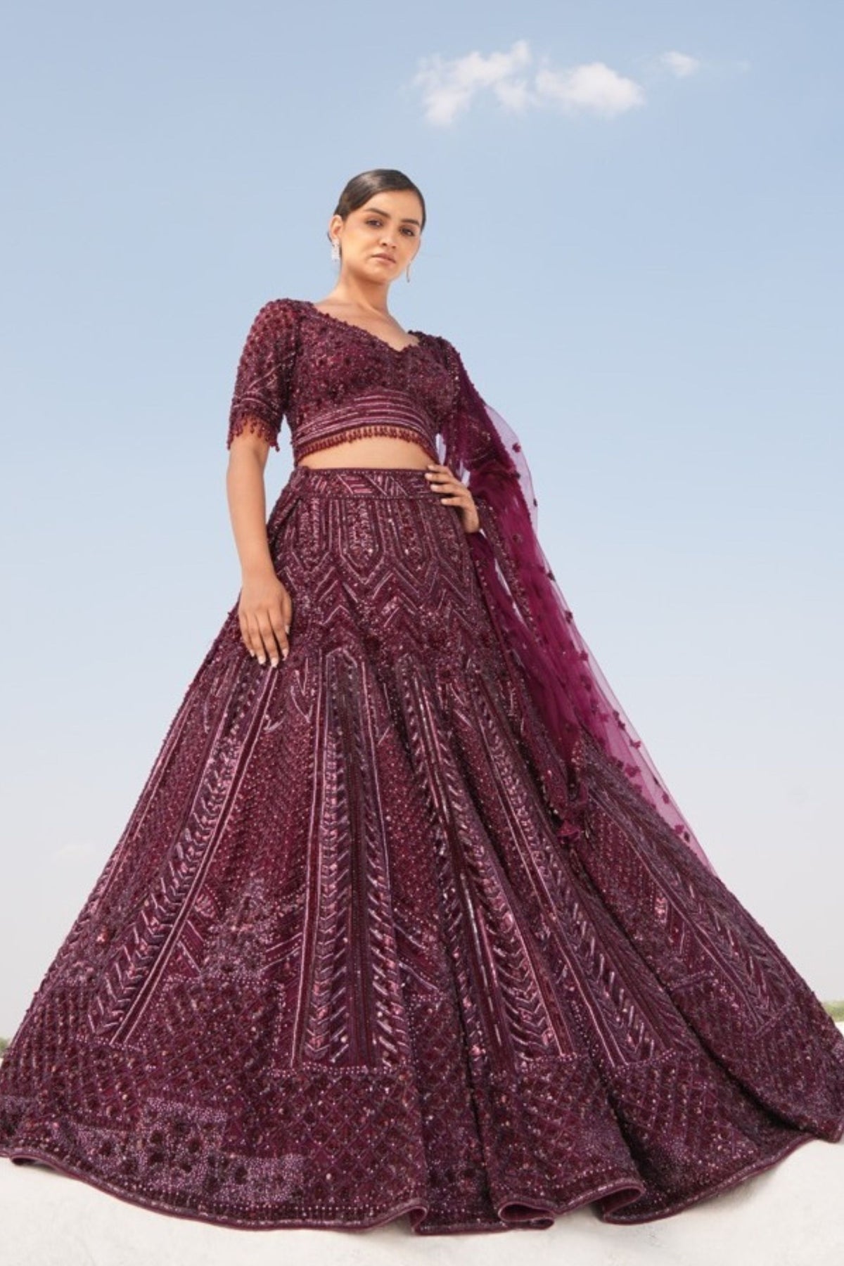 Wine Embellshed Lehenga Set