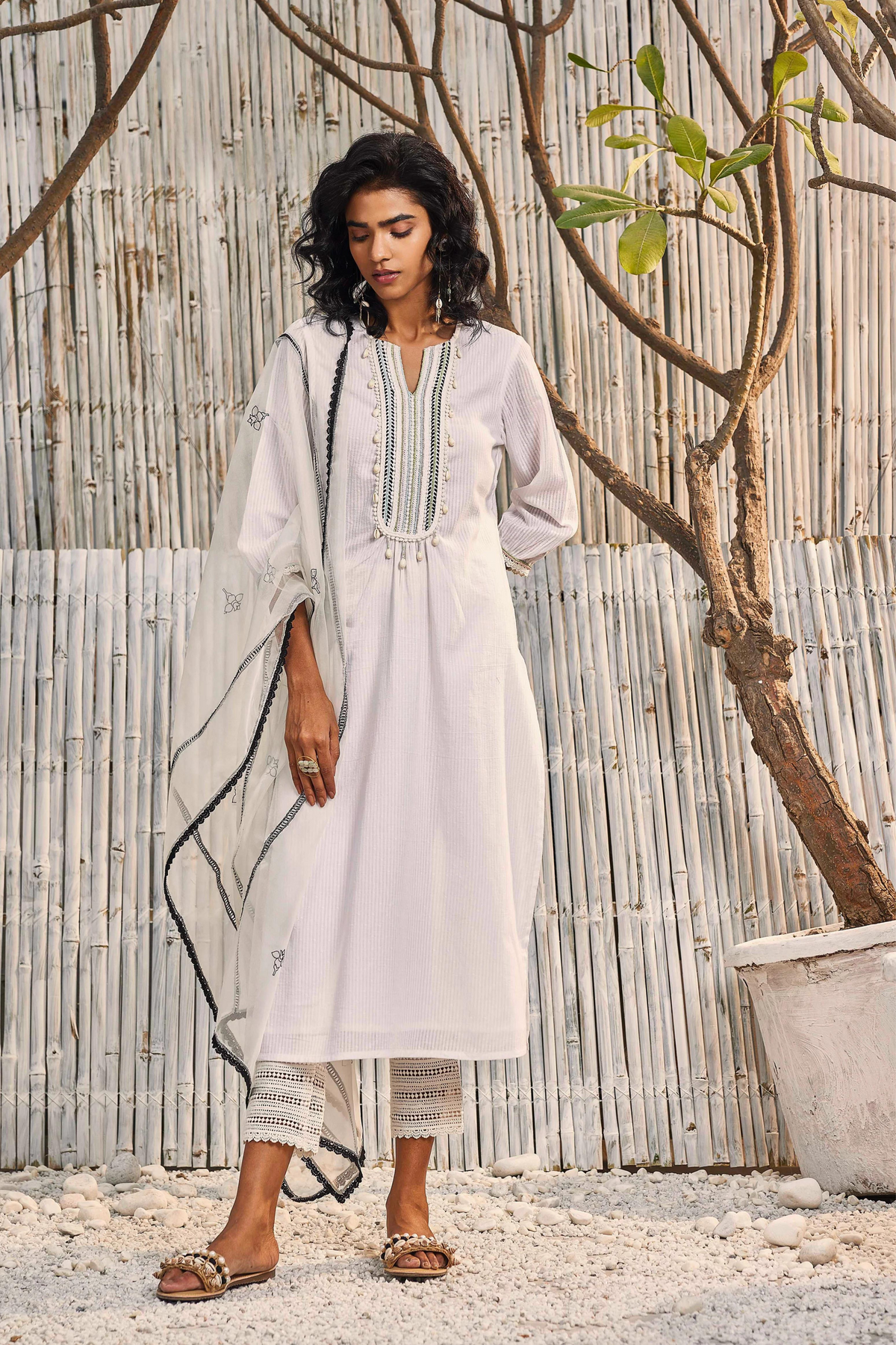 Shell White Cotton Straight Kurta Set