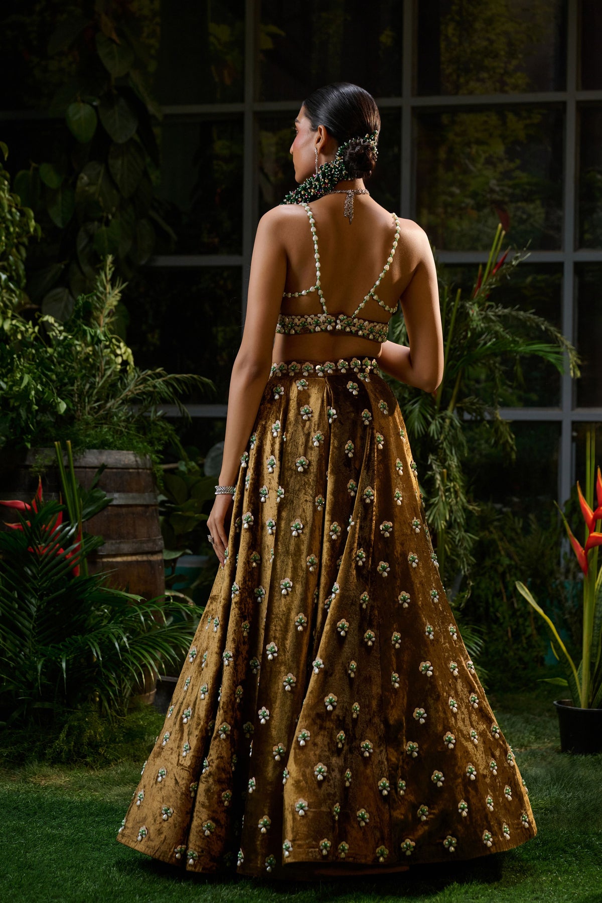 Brown Copper Embroidered Velvet Lehenga