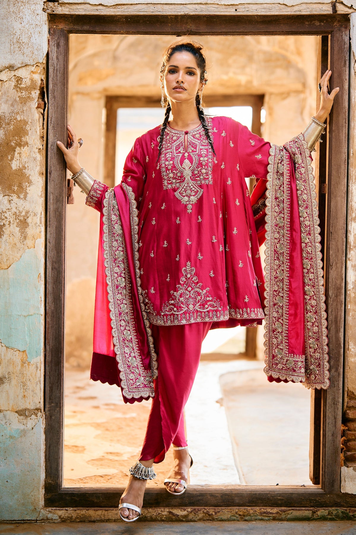 Embroidered Rani Pink Kurta Set