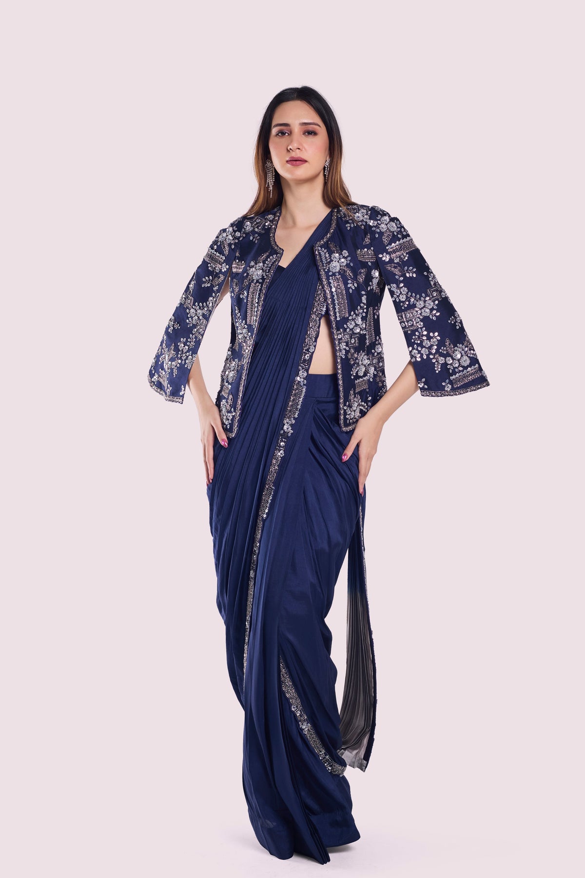 Navy Blue Drape Saree Set