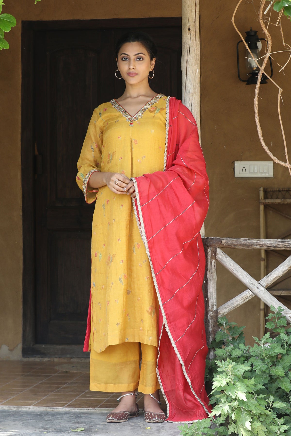 Yellow And Red Kurta Set