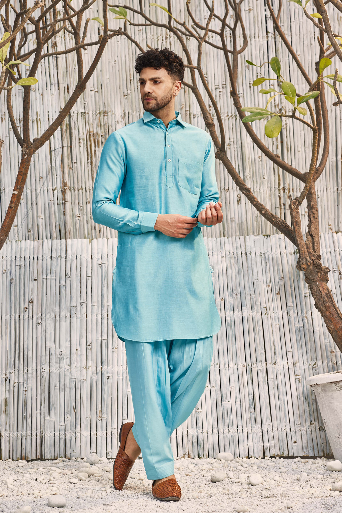 Chanderi Blue Pathani Kurta Set