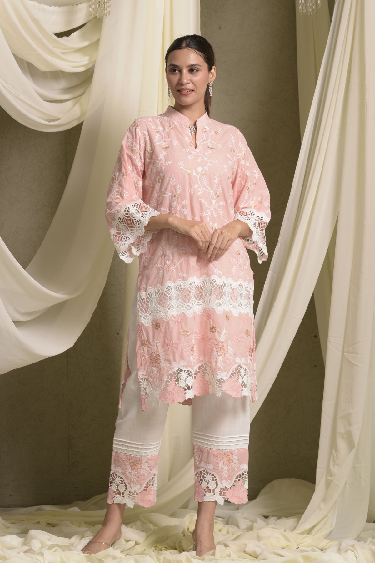 Myra Mesh Floral Lace Peach Kurta Set