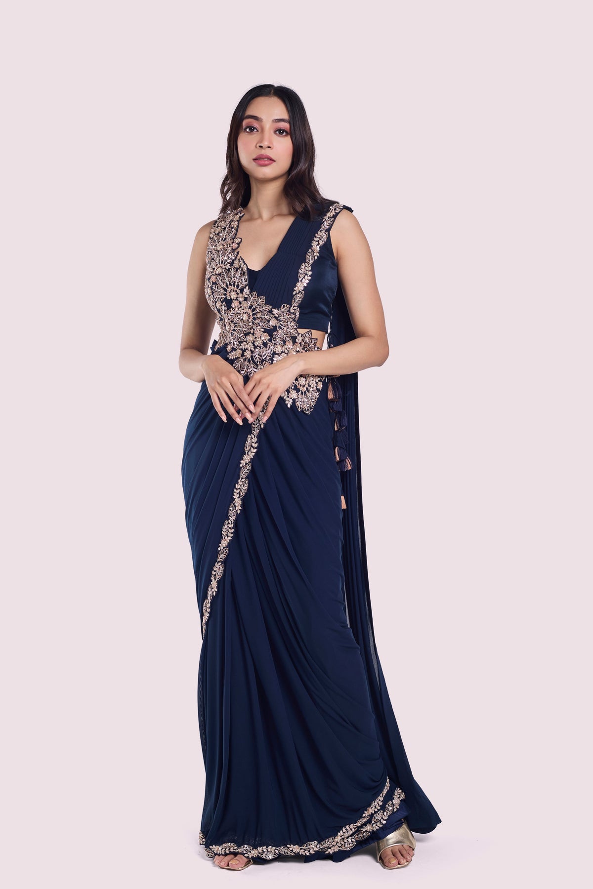 Navy Blue Drape Saree Set