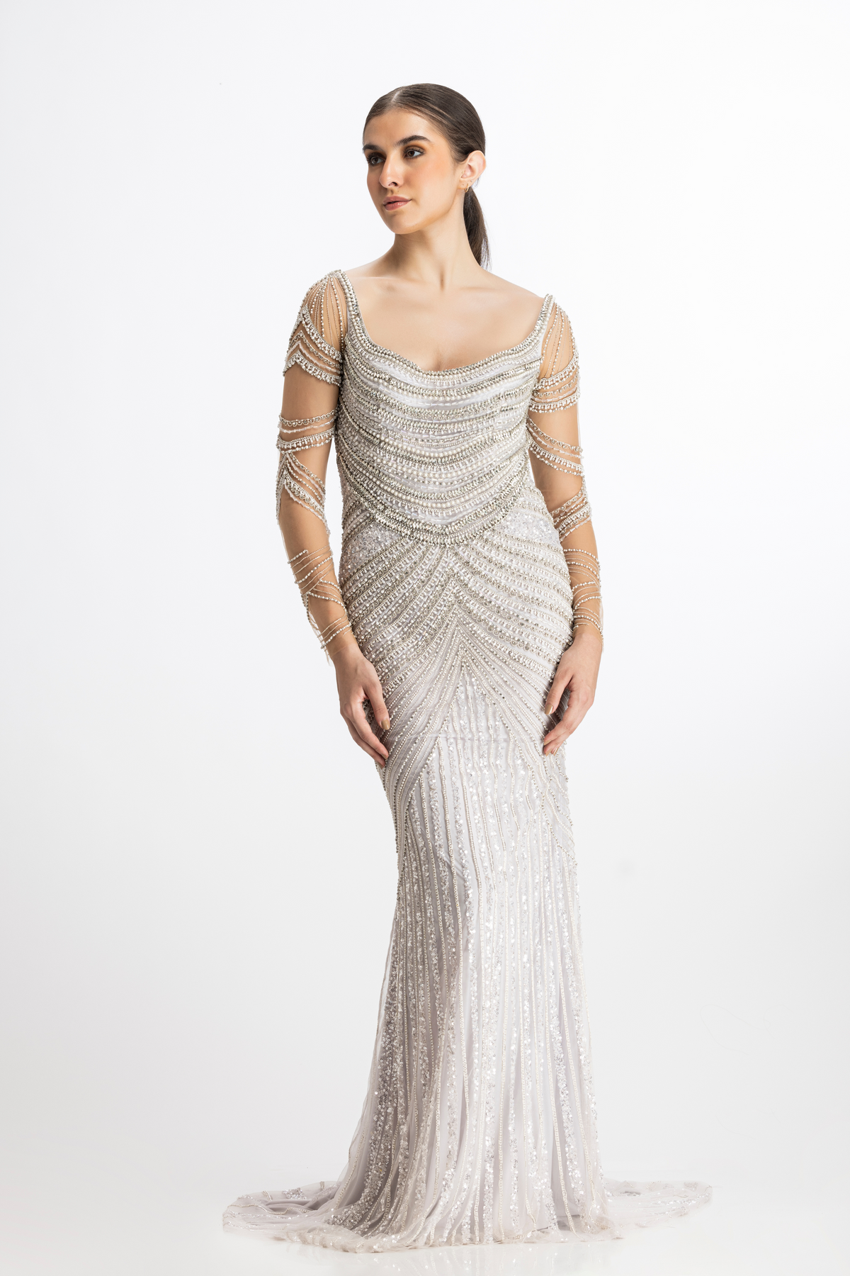 Silver lilac pearl finish gown