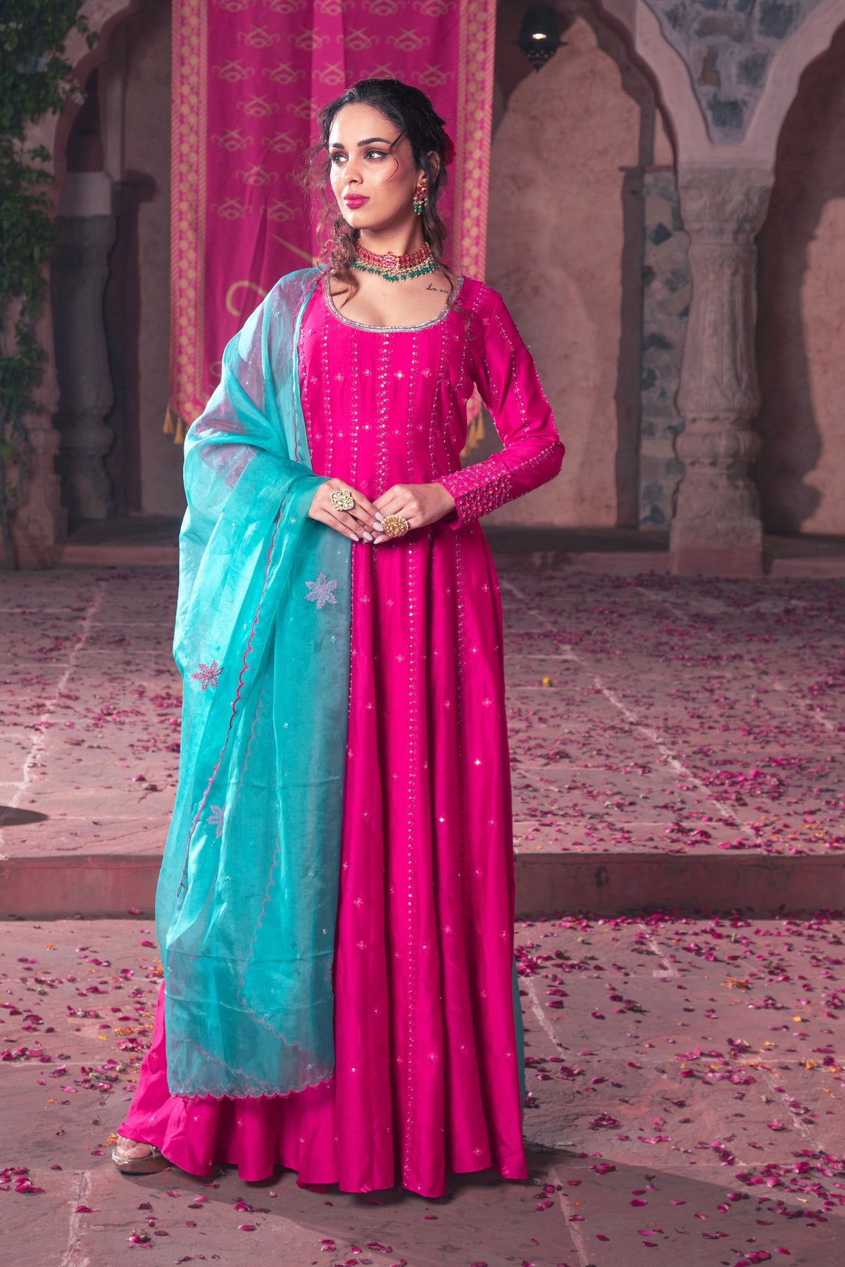 Hot Pink Embroidered Anarkali Set