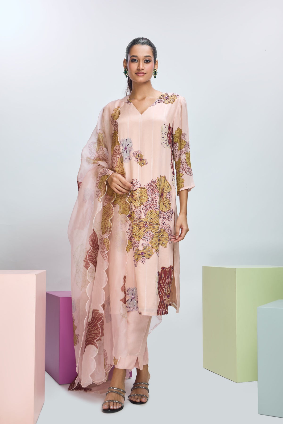 Peach Embroidere Kurta Set