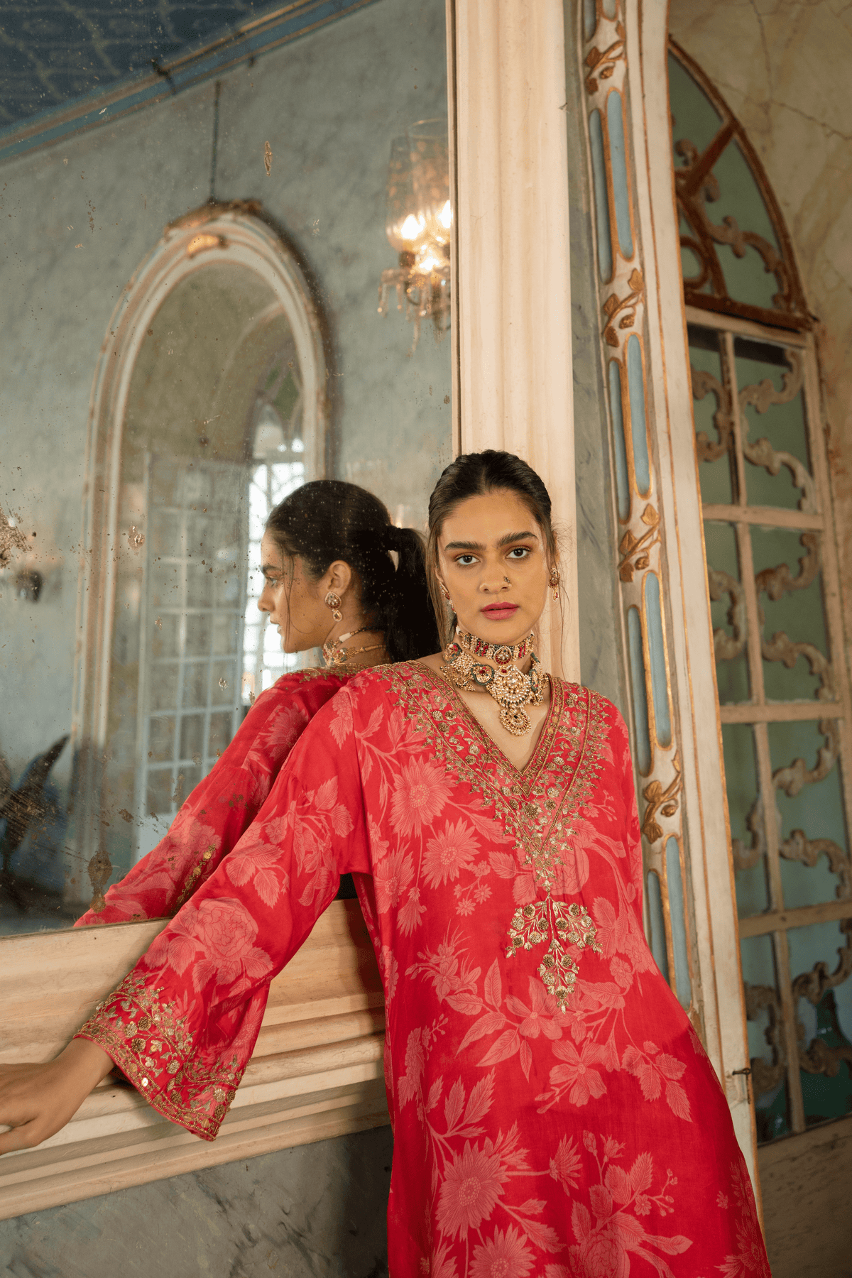 Red Mono Floral Kurta Set