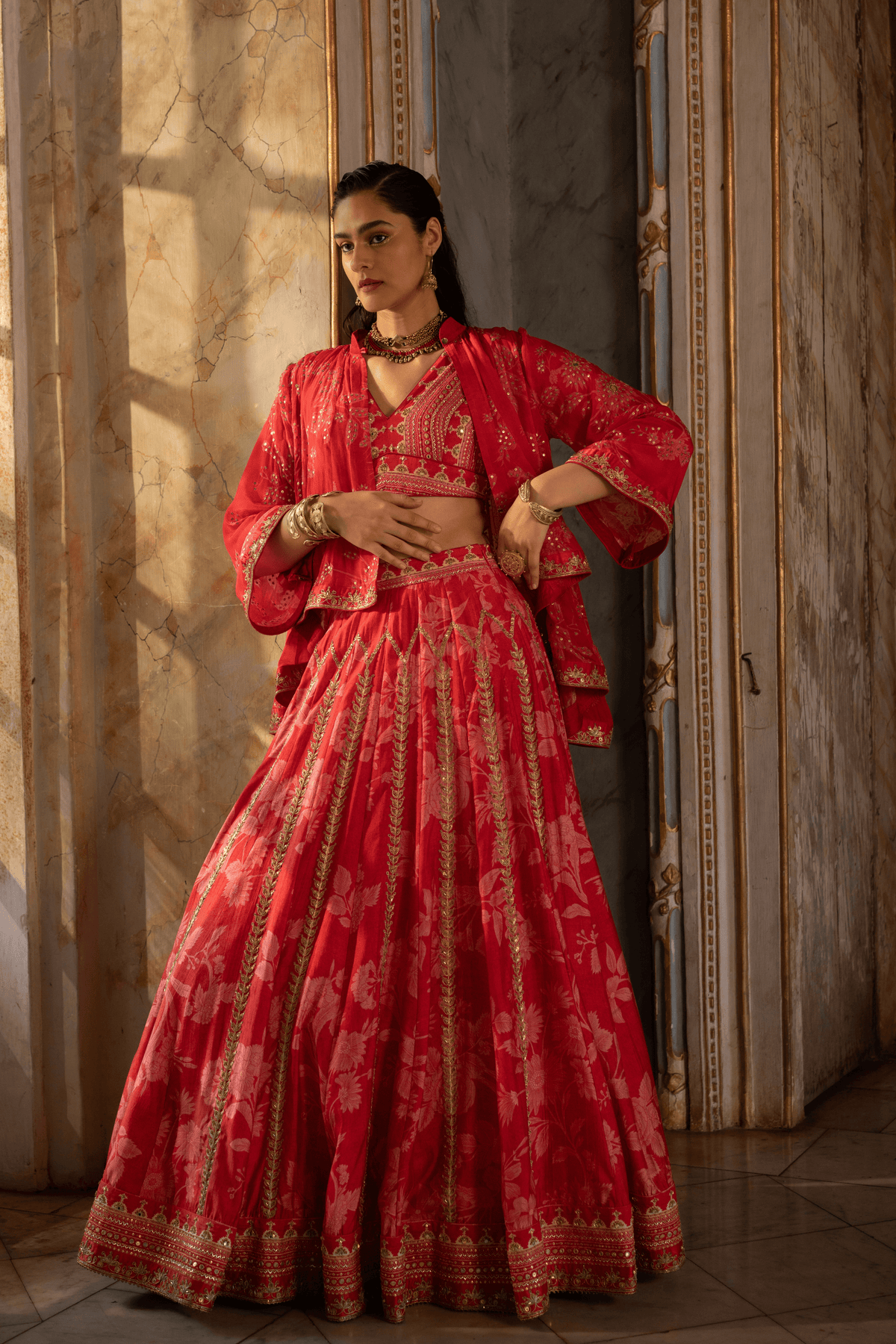 Red Mono Floral Lehenga Set