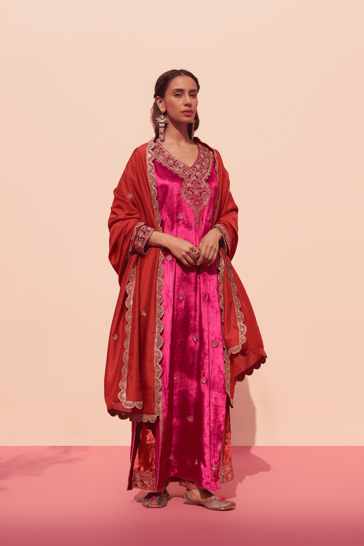 Rani Pink Velvet Kurta Set