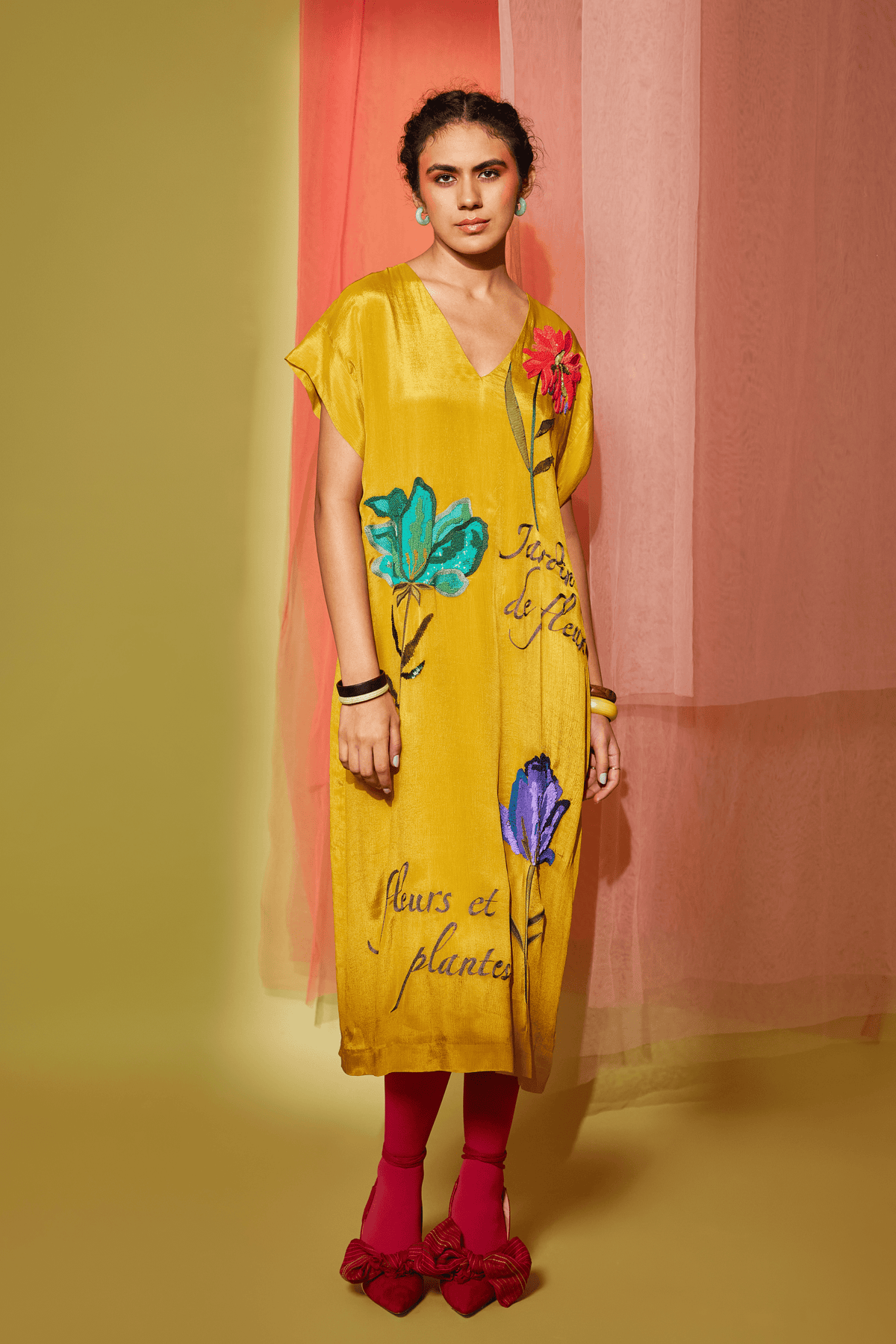 Mustard Flower Drop Shoulder Midi