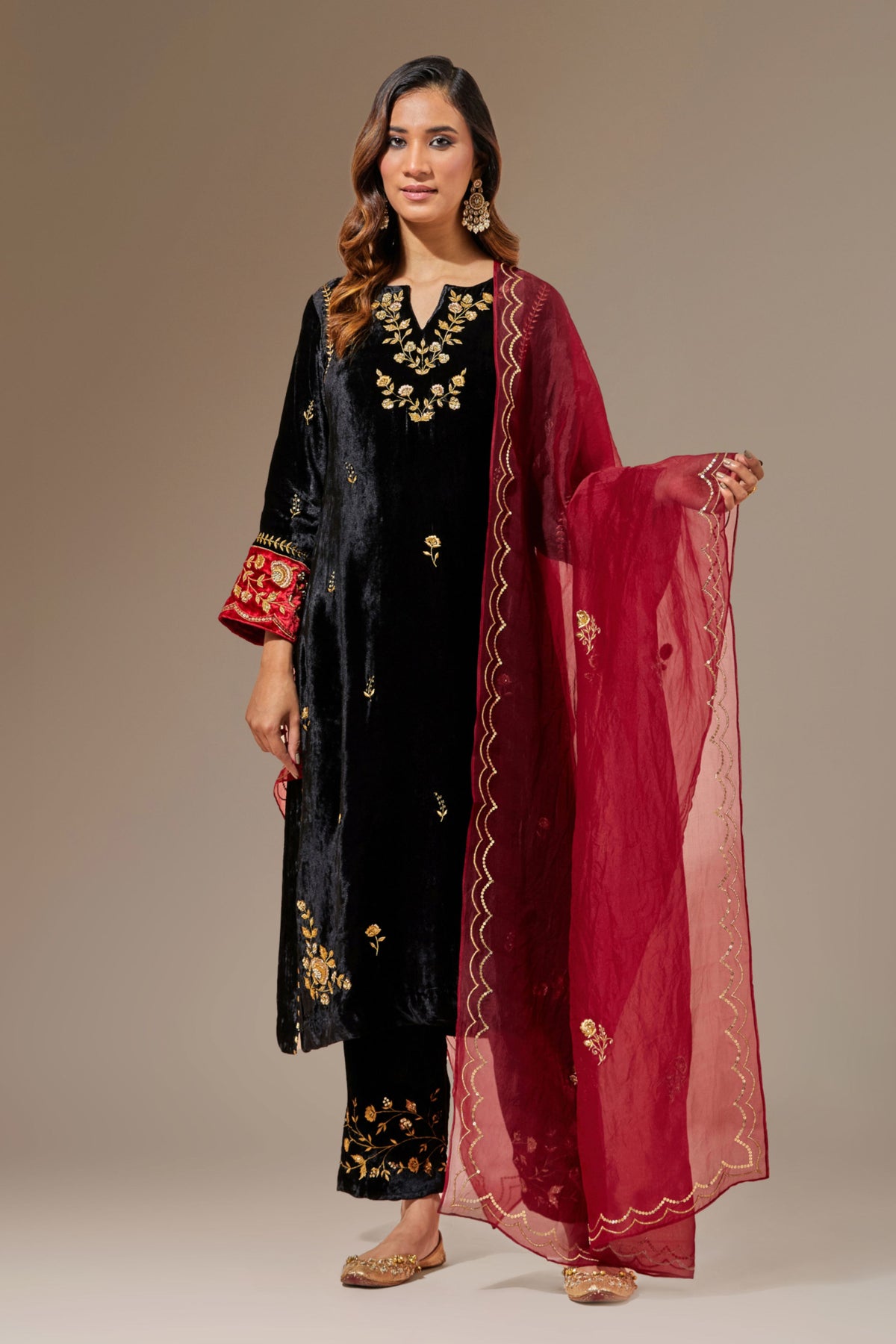 Deep Red Hand Embroidered Organza Dupatta