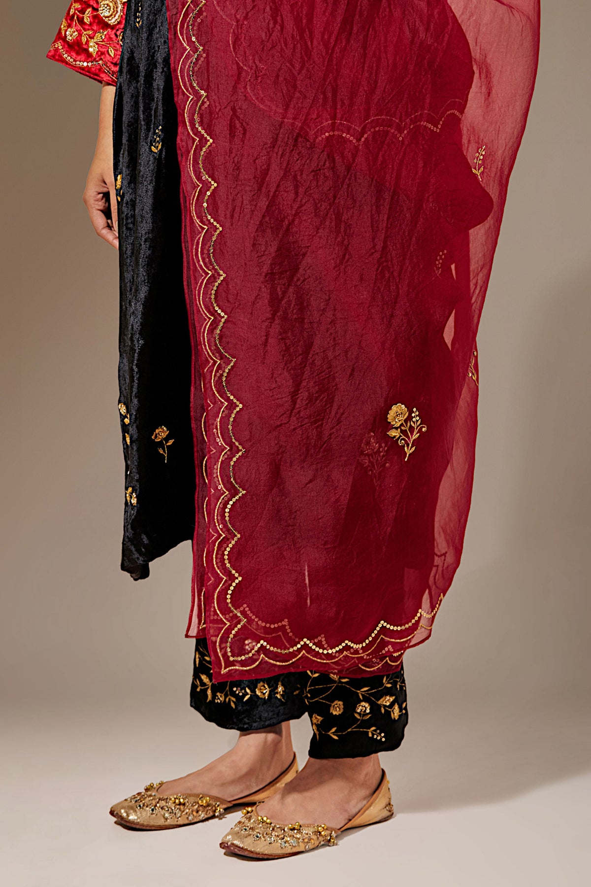 Deep Red Hand Embroidered Organza Dupatta